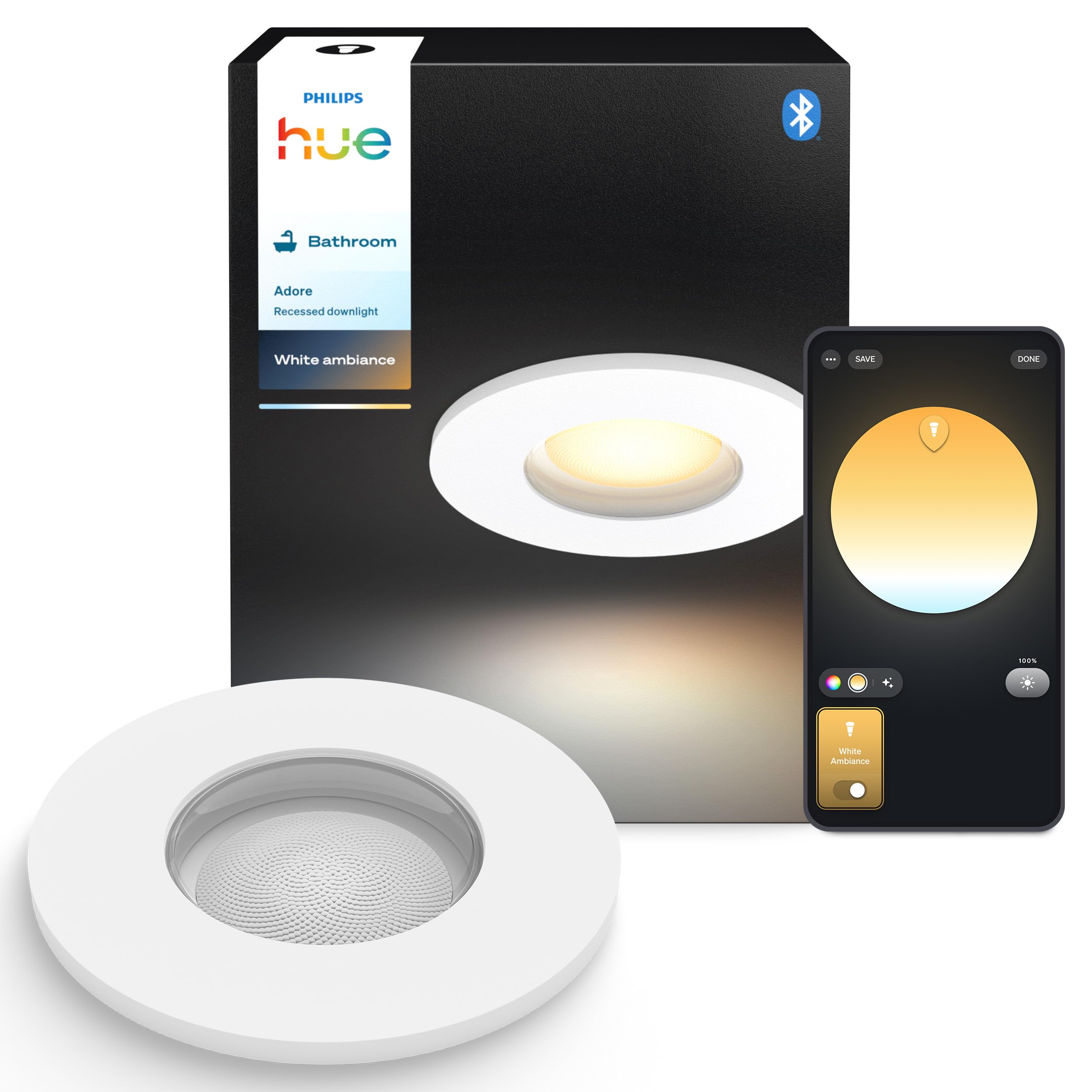 Philips Hue White Ambiance Adore Spot connecté encastré, Chrome, 1 x 5 W, Éclairage de salle de bain avec variateur, Intensité variable, Contrôlable via l'application, Compatible avec Amazon Alexa
