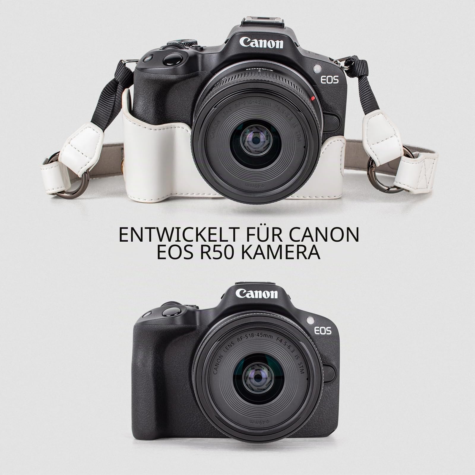 MUZIRI KINOKOO EOS R50 R100 Kameratasche, Retro-Schutzhülle aus PU-Leder für die Canon EOS R50 R100 DSLR-Kamera mit 18-45-mm-Objektiv – mit Bodenöffnung, Schultergurt und Aufbewahrungstasche - Weiß