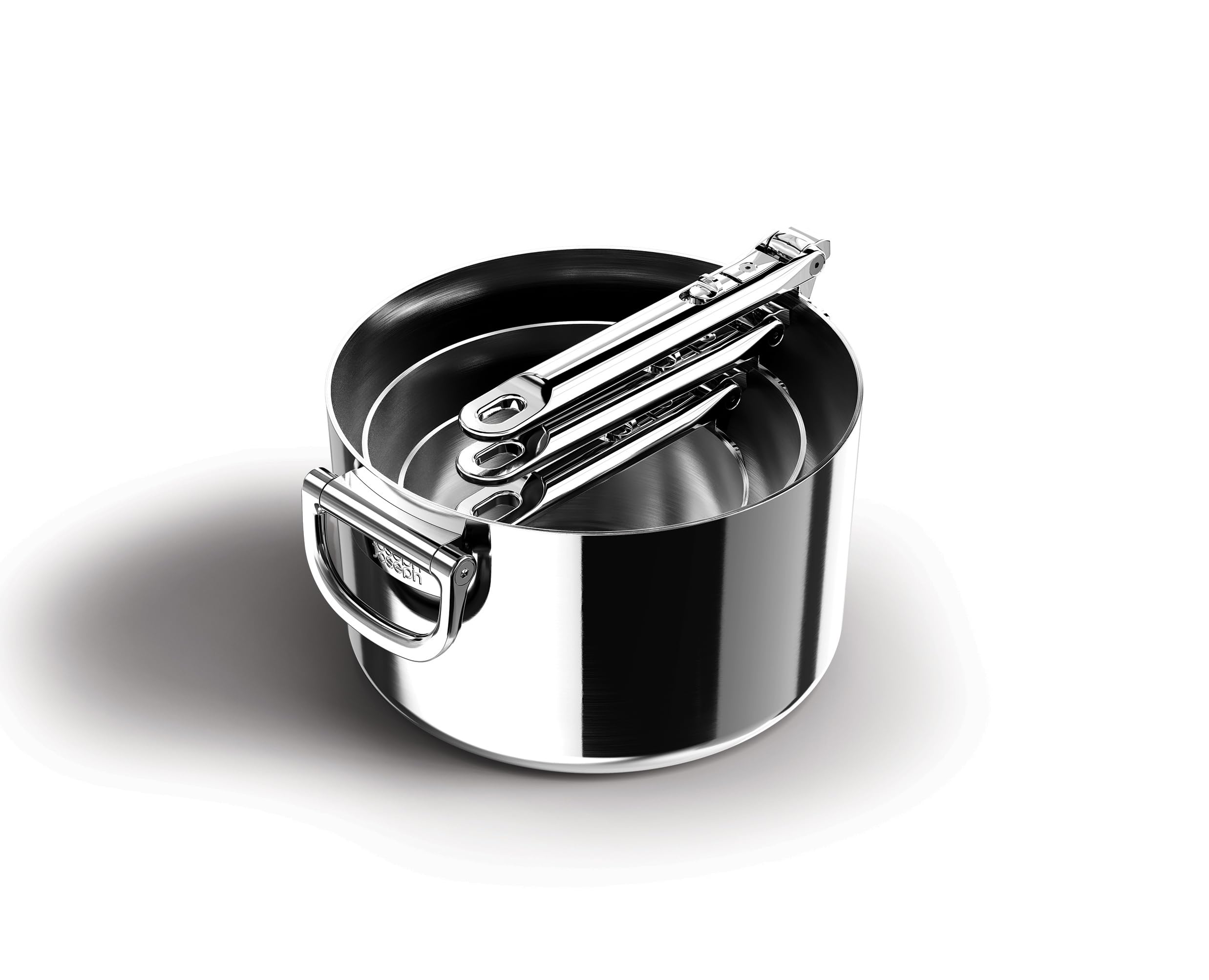 Joseph Joseph Space Steel 3-teiliges Edelstahl Kochtopf Set mit Klappgriffen, 3-lagige Induktionstöpfe, Platzsparend Stapelbar