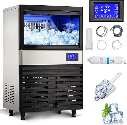 Máquina de hielo comercial de 110 libras24 horas, máquina de hielo de acero inoxidable con capacidad de almacenamiento de hielo de 27 libras,