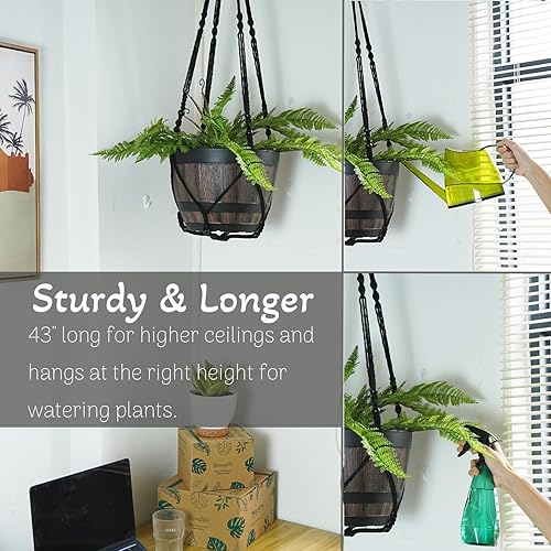 Miniatura 2 de Colgador grande de macramé para plantas, color negro, 43 pulgadas de largo, para macetas de hasta 12 pulgadas, sin borlas, cuerda de algodón,
