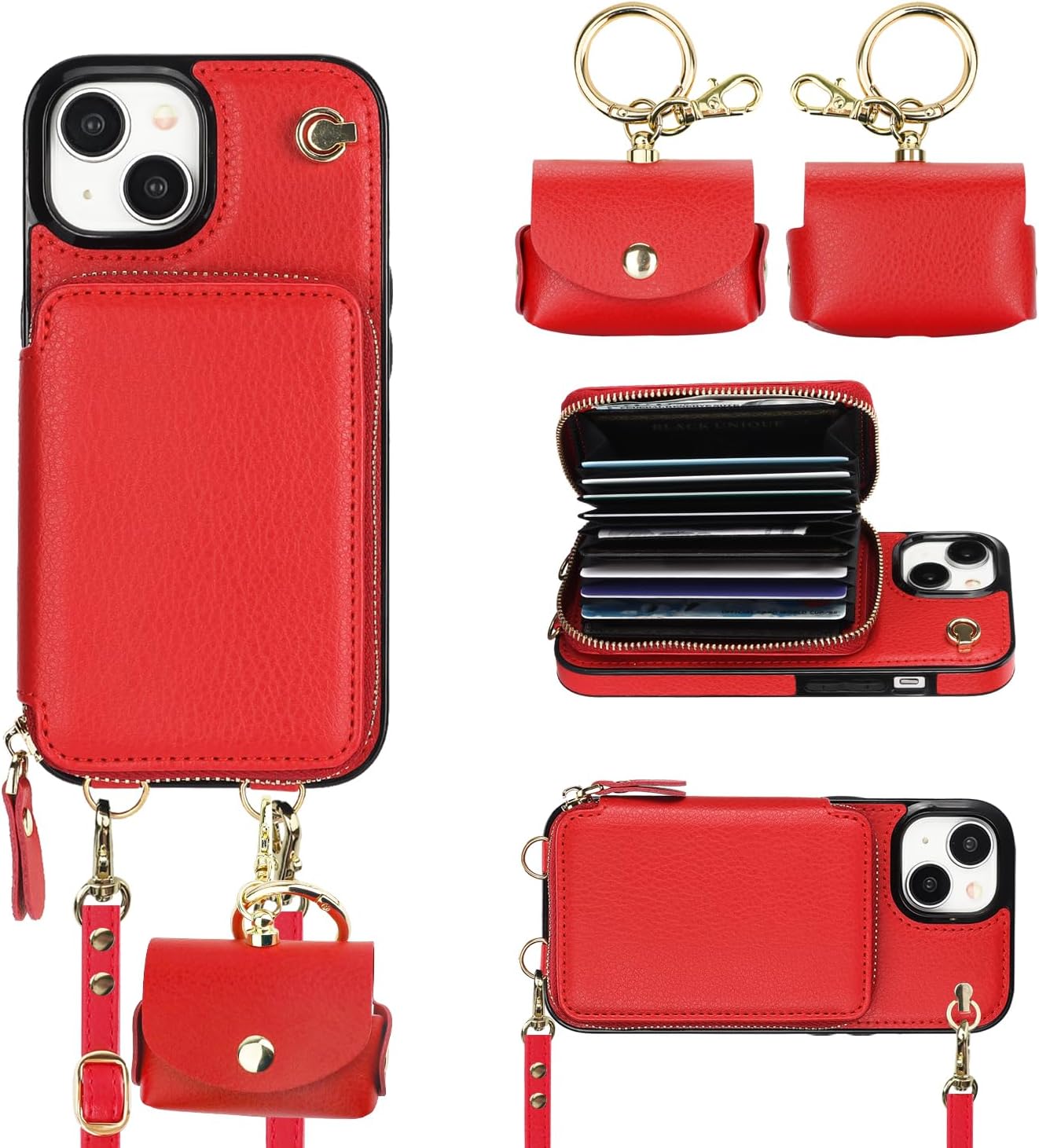 Bocasal A Multi Slots Crossbody Wallet Case for iPhone 15 + A Slim Leather Case for AirPods Pro