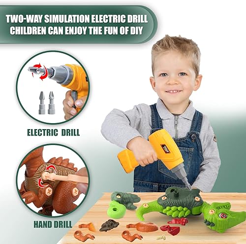 Miniatura 4 de Sanlebi Juguetes de dinosaurio desmontables para niños de 4, 5, 6, 7 años, juego de juguetes de construcción con taladro eléctrico, kit de juego de