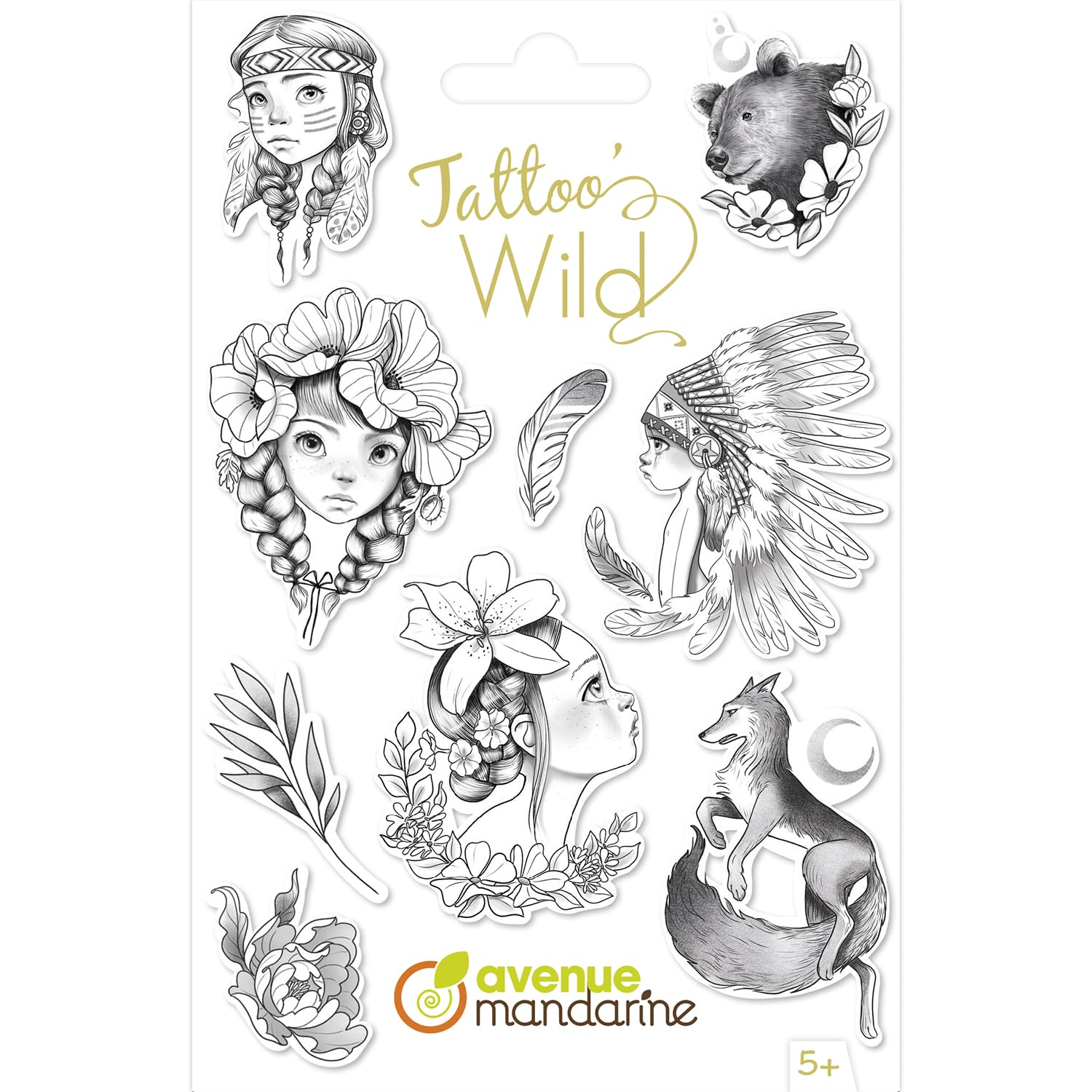 Avenue Mandarine CC070C - TATTOO'MANIA - 2 Sheets of Ephemeral Stick-on Tattoos for Children - 22 Designs - from 5 Years - Wild - Children's Leisure Activity