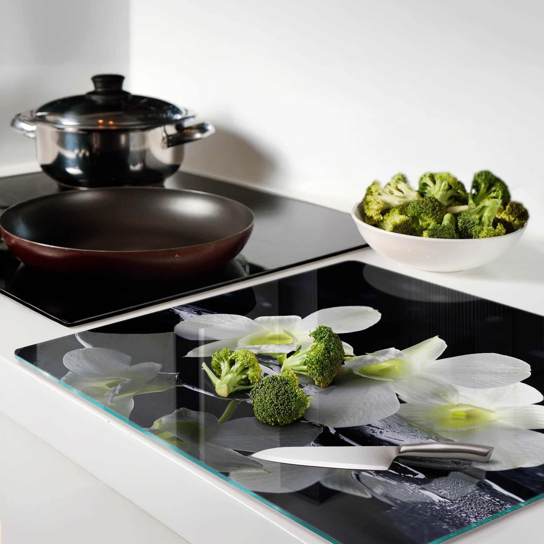 Tabla de Cortar Protector 60x52 cm de Vidrio Templado Resistente Decorativa Higienicas Placa de Corte Patas de Silicona Una Pieza Fina para Encimera de Cocina - Orquídea