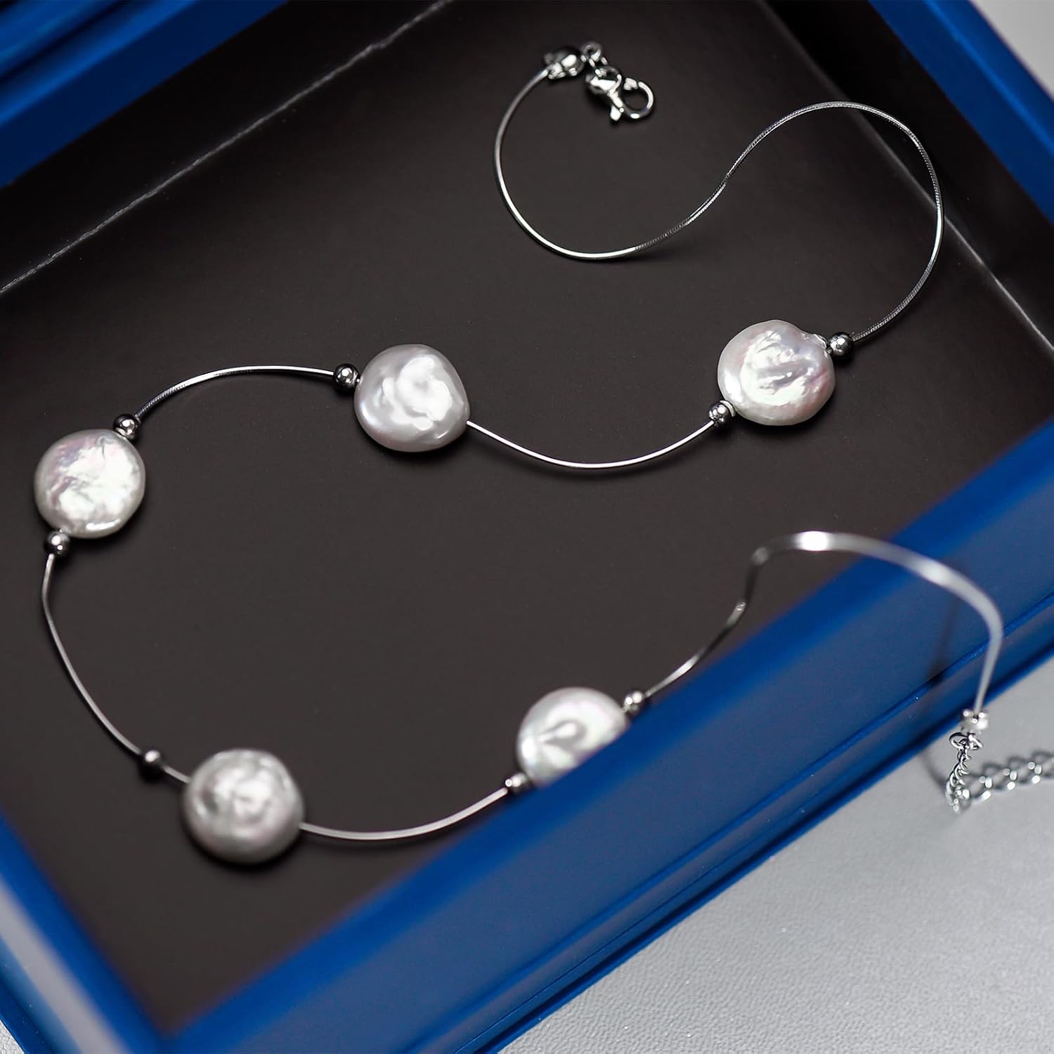 Natural Freshwater Pearl Necklace, Sterling Silver Chain, Petal Shape Choker, 5-Pearl Handmade Design