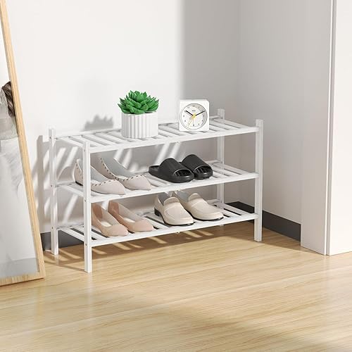 Miniatura 5 de RONGJlA - Zapatero de bambú de 2 niveles para armario, estante de madera para zapatos, organizador de almacenamiento para entrada, espacio pequeño,