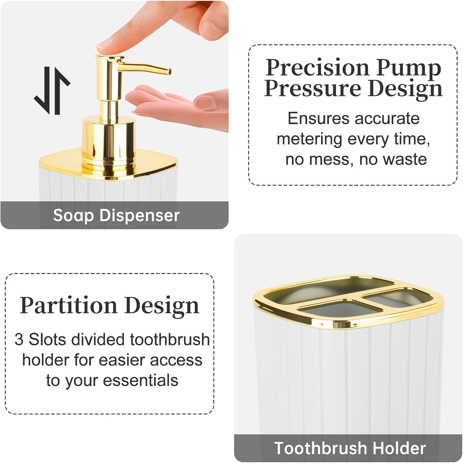 2PCS Bathroom Accessories Set, White and Gold Bathroom Accessories Include Soap Dispenser and Toothbrush Holder for Boho Bathroom Decor - Image 3