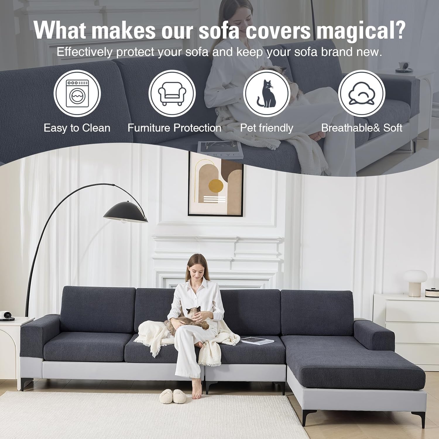 Couch Cushion Covers Chaise Couch Cover Stretch Sectional Sofa Slipcover Washable Wear-Resistant Furniture Protector(Dark Grey,1 Piece for Chaise or Sofa 3-Seater)