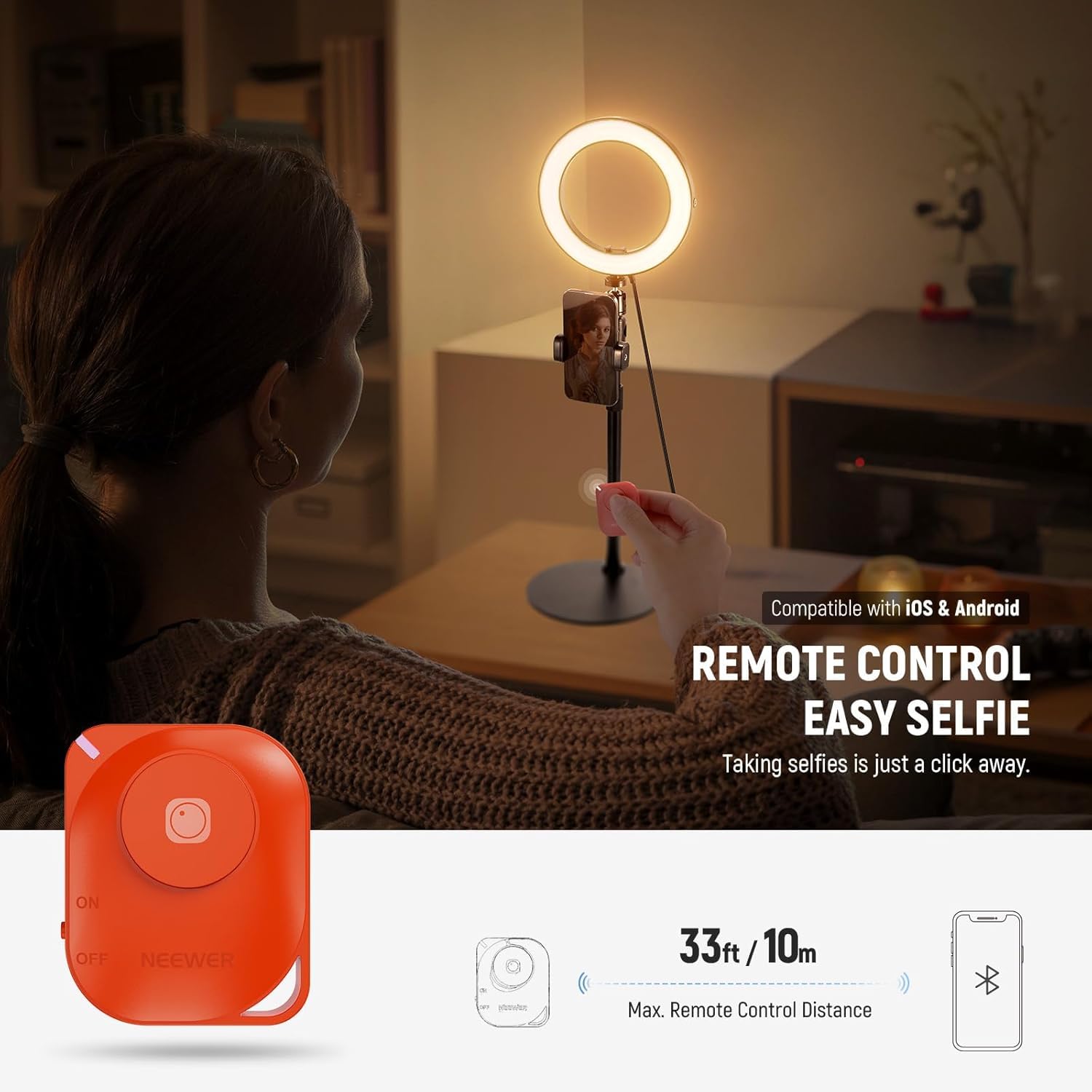 NEEWER Pierścień biurkowy 8" 18 W do telefonu, dwukolorowy 2900-7000K 1380lux/0,5 m CRI95+/TLCI97+ oświetlenie do selfie 12 efektów USB C/nóżka/uchwyt na telefon/pilot, zoom/Youtube/TikTok Vlog, RH8B