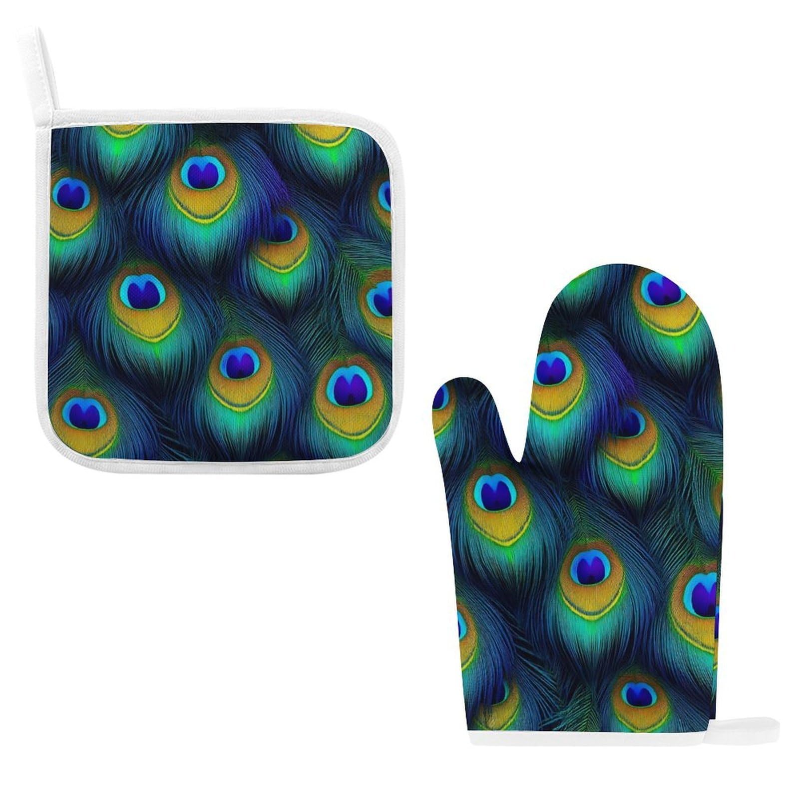 Two Piece Heat Insulating Gloves Oven Mitts Heat Resistant for Kitchen, BBQ Peacock Feathers