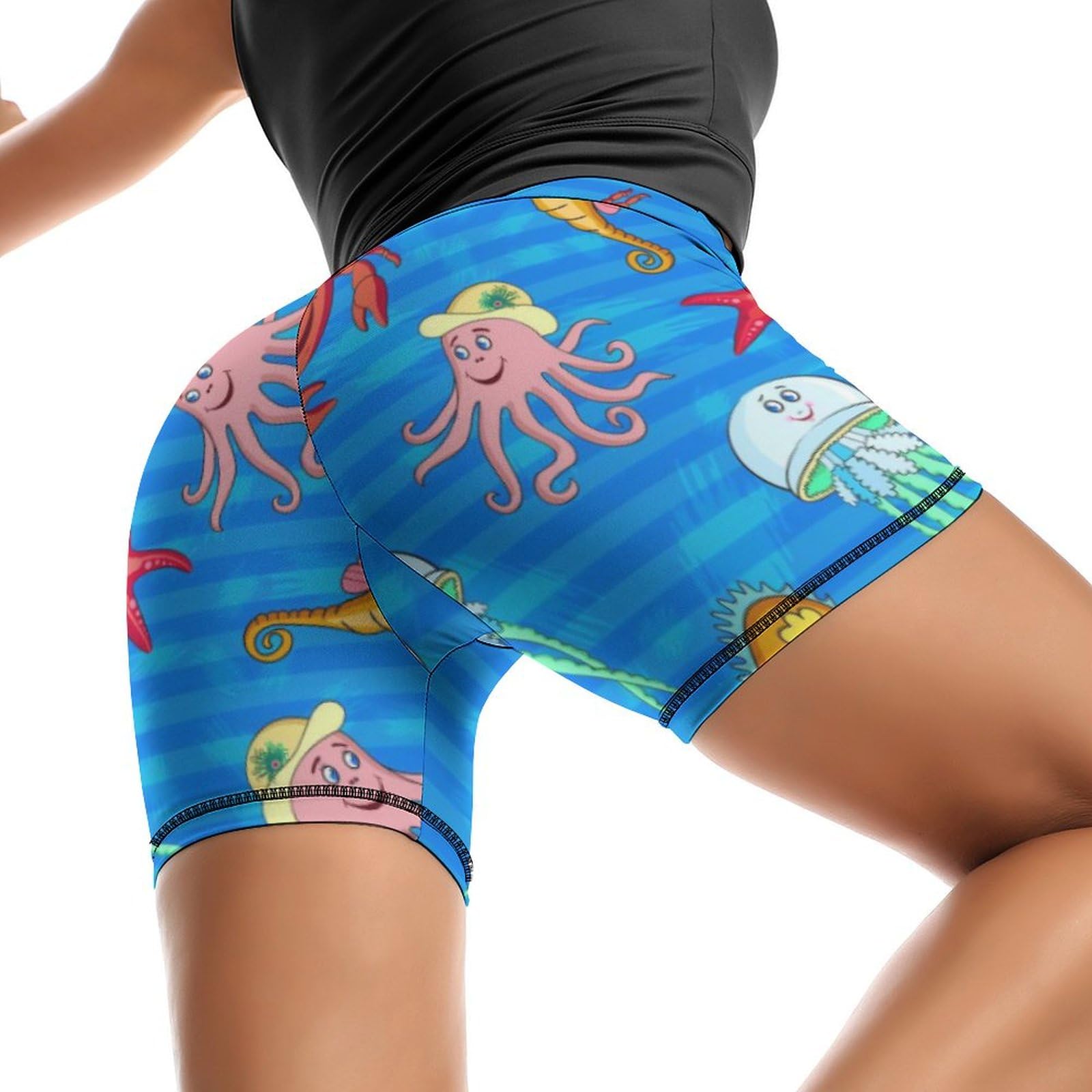 Seahorse Sea Animals World Pattern High Waist Yoga Shorts for Women Athletic Shorts Leggings Running Pants Black
