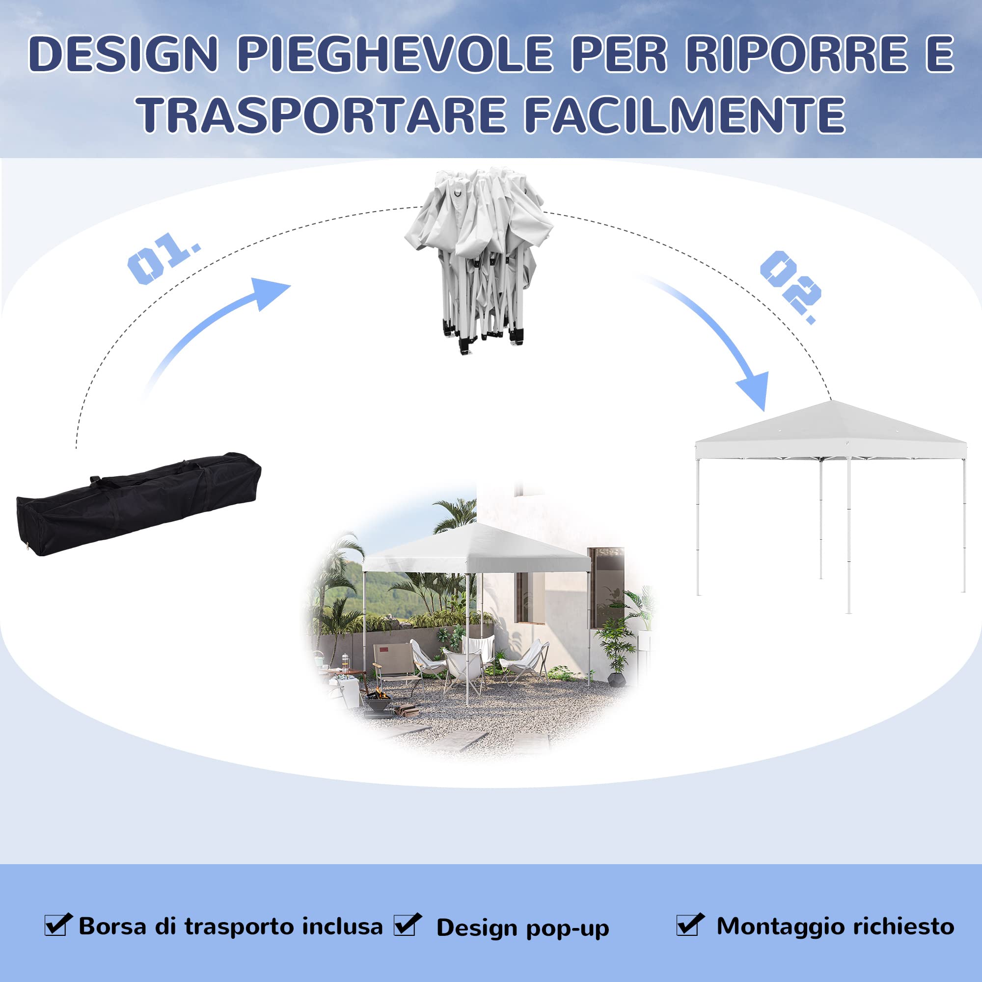 Outsunny Gazebo Pieghevole 2.5x2.5 m Pop Up con Borsa da Trasporto Bianco | 8 Fori di Drenaggio, Gazebo da Esterno, Acciaio e Oxford, Giardino, Feste