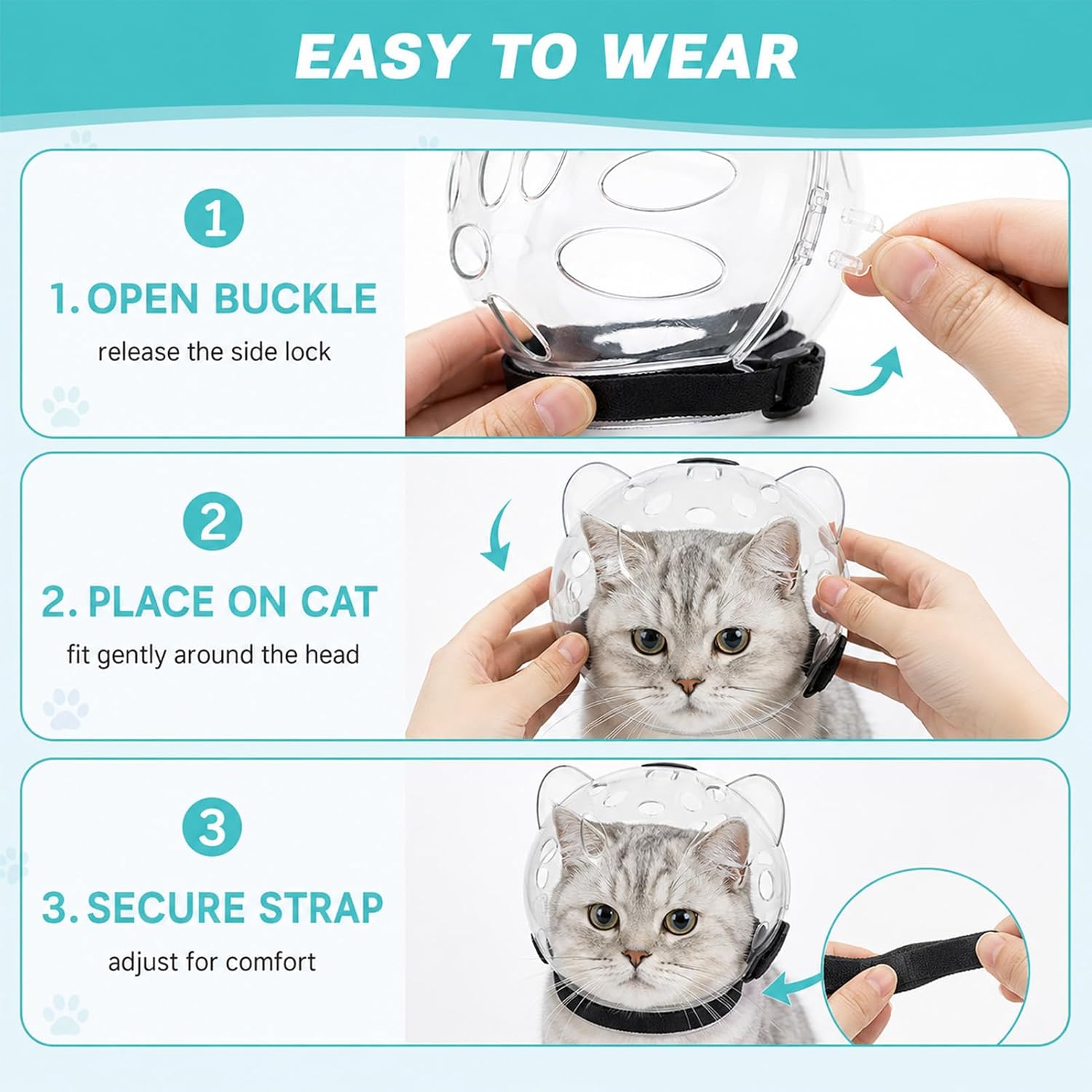 Cat Grooming Muzzle Set, Clear Cat Muzzle Helmet with 4 Paw Covers image 3