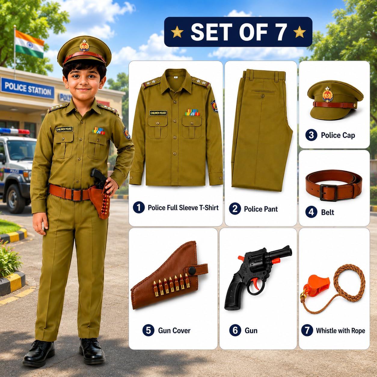 Rudra Fancy Dress Army Costumes for kids police costume & BSF csotumes subhash chandra bose costumes fancy dress costumes for age group 3 to 12 yrs,fabric