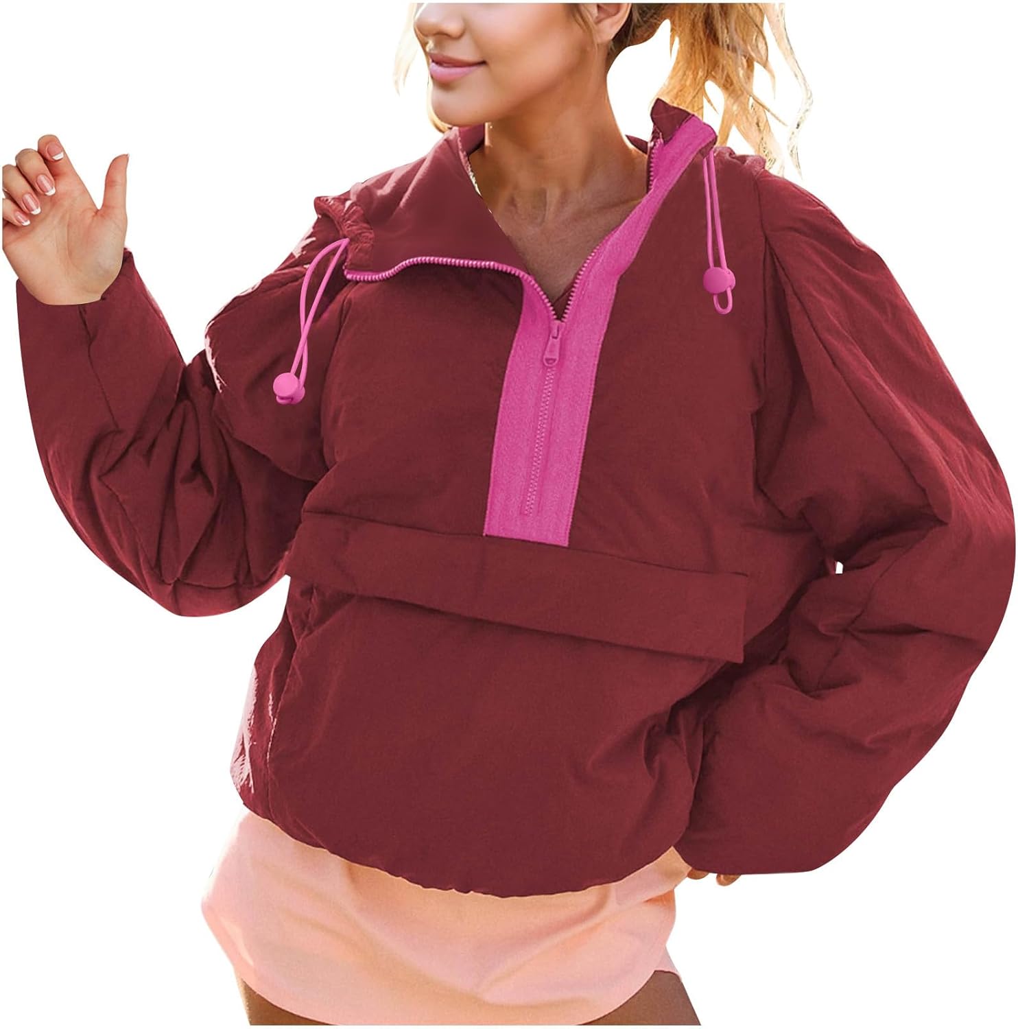 Half Zip Hooded Coat for Women Oversized Coat with Drawstring Puffer Long Sleeve Quilted Lightweight Jackets