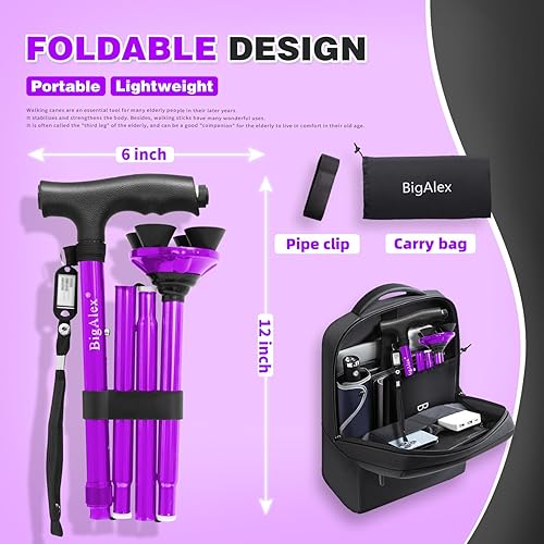 Miniatura 5 de BigAlex Bastón plegable con luz LED, base cuádruple giratoria, bastón ajustable con bolsa de transporte para hombres y mujeres