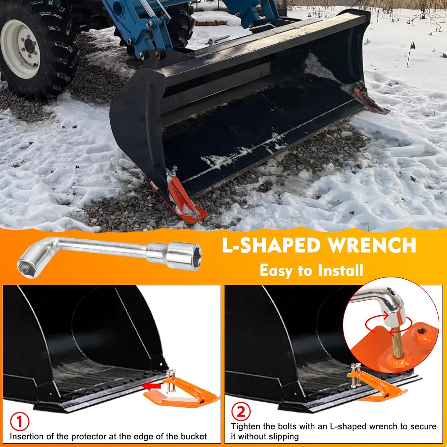 2PCS Tractor Bucket Protector Skid Edge Anti-Skid Protector with Double Lock Nuts and Bolts Ski Edge Protector for Snow Leaves Removal, Spreading Gravel (Orange)