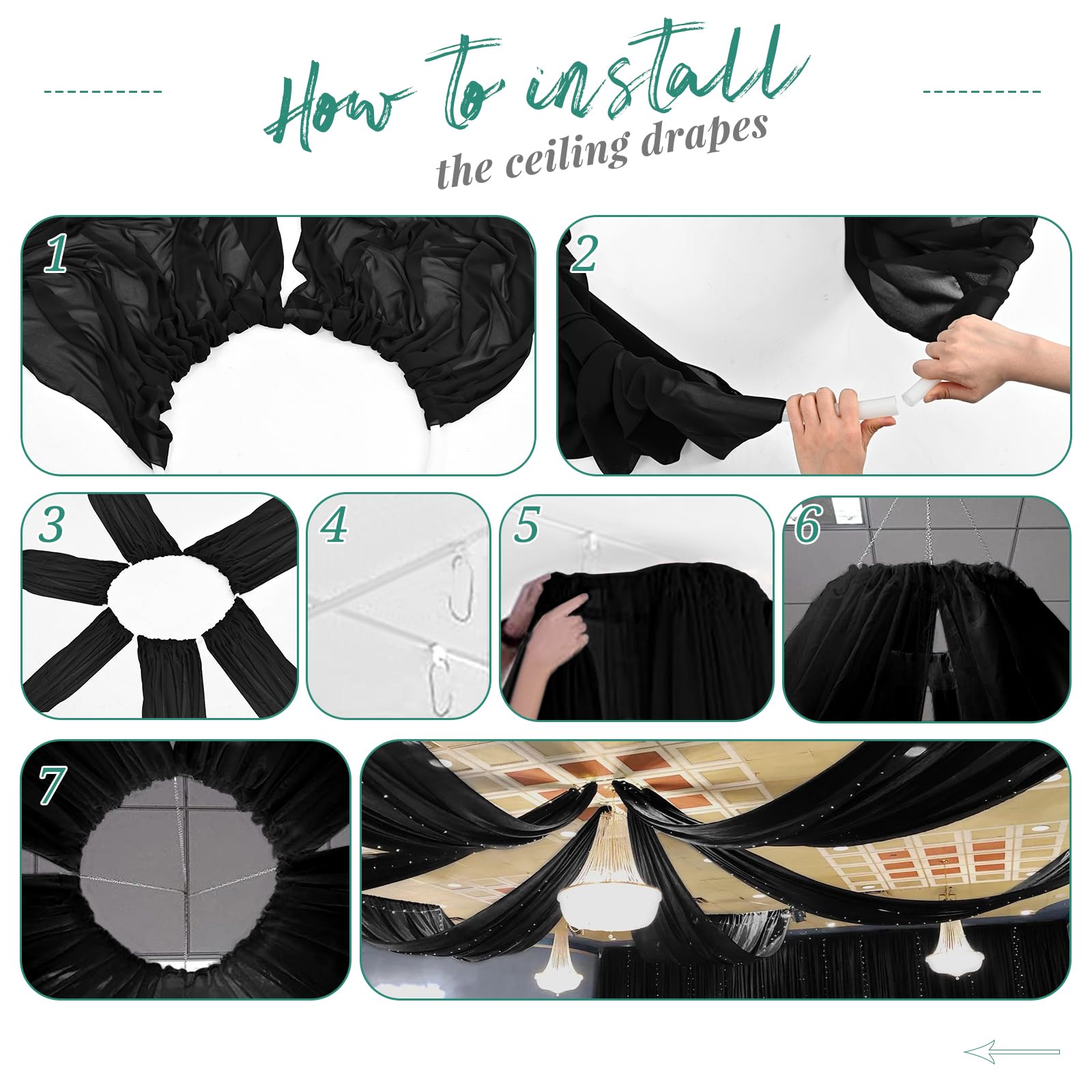 Lot de 4 rideaux de plafond en mousseline de soie transparente pour mariage, plafond, fête, cérémonie, scène, 1,5 x 9,1 m, noir