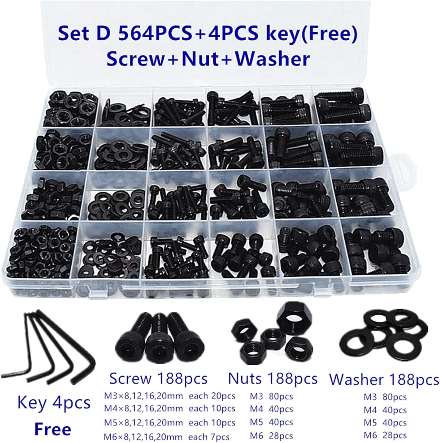 Youngran New M1.4 M1.6 M2 M2.5 M3 M4 M5 Various Lengths Carbon Steel Hexagon Hex Socket Cap Head Screw Bolt Nut Washer Set Assortment Kit Leisurely (Color : D)