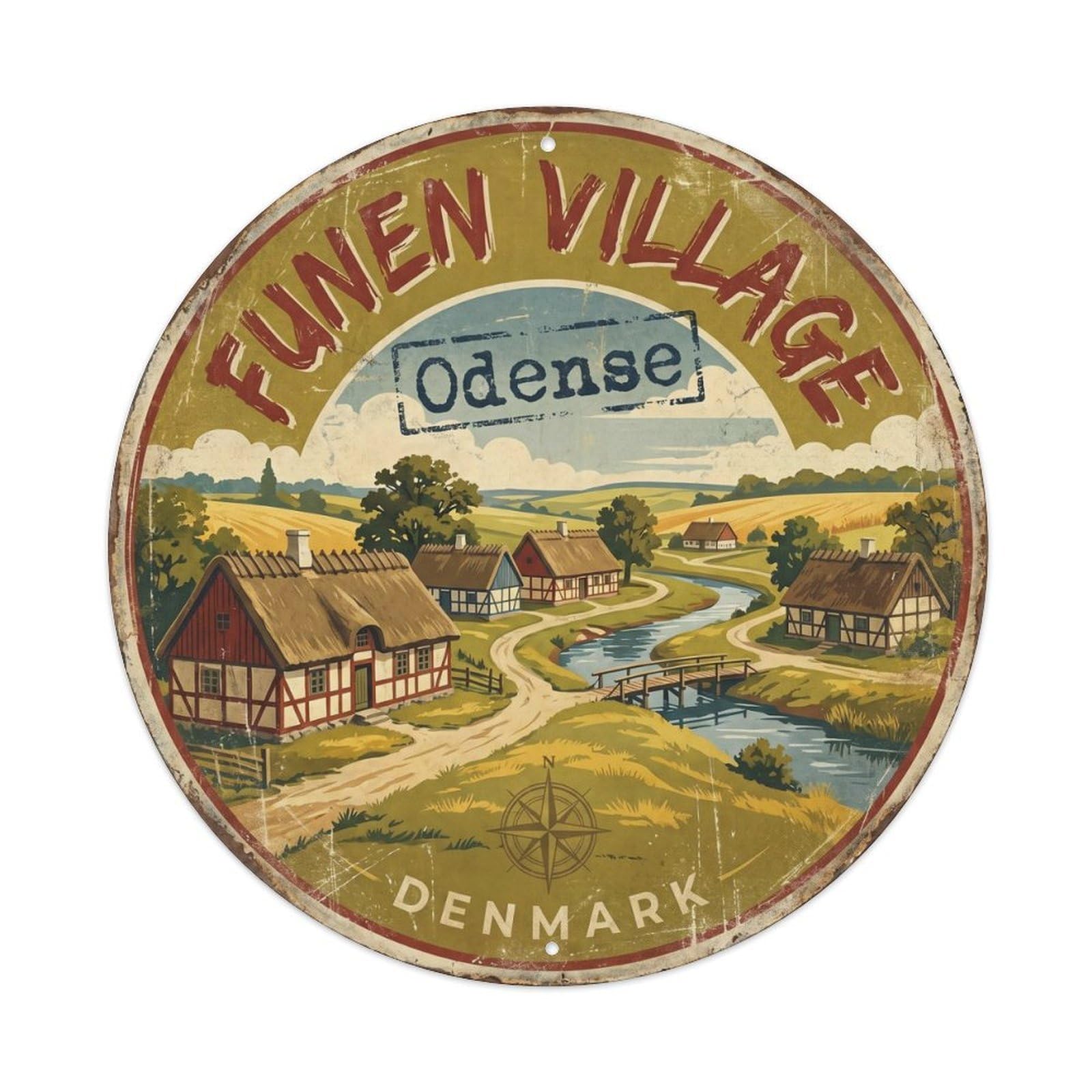 Cmhok Vintage Style-24 Vintage Travel Village Odense Artwork Metal Tin Sign Plaque Wall Decor For Cafe, Club, Garden Round Metal Poster 8X8inch