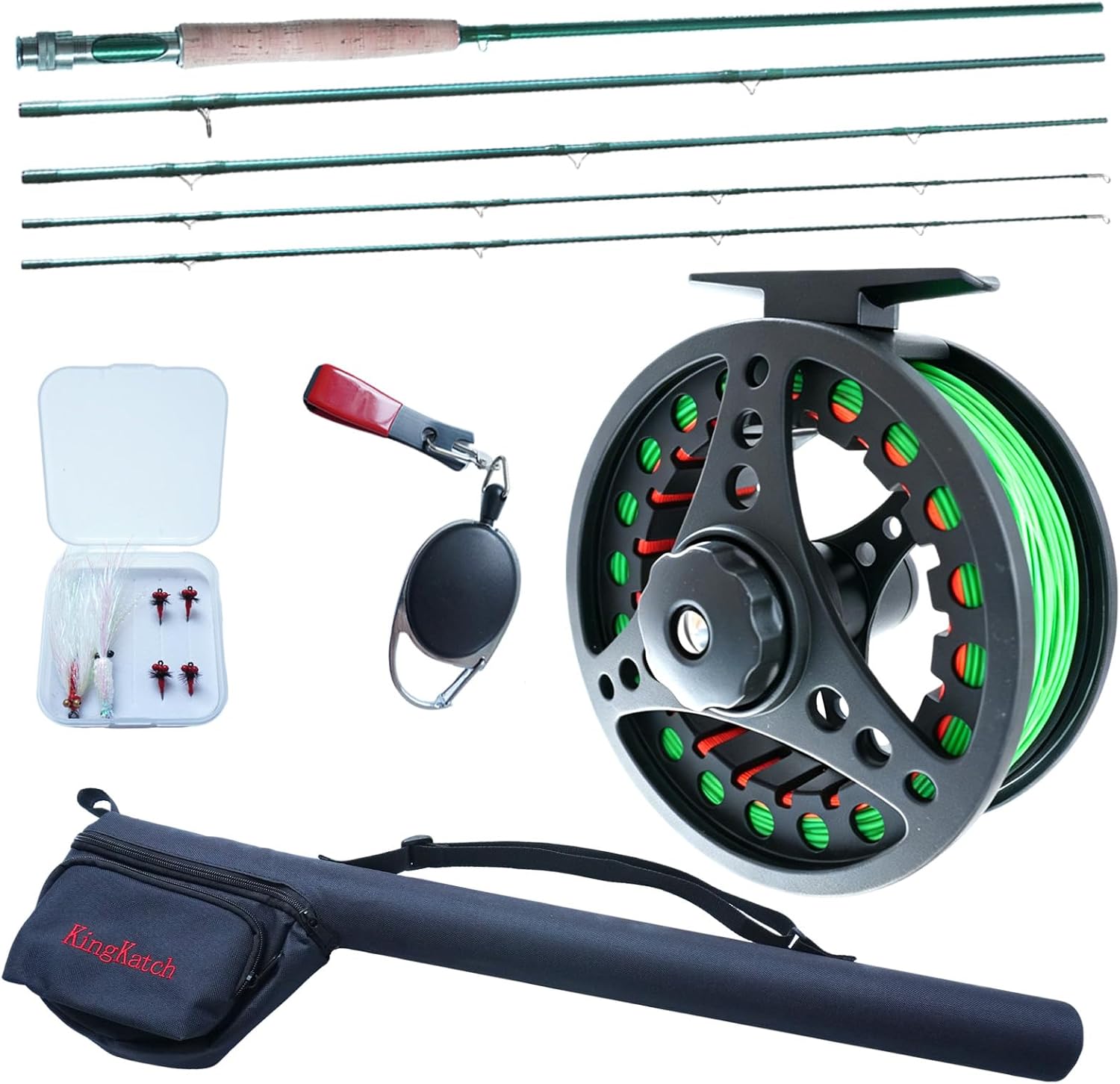 Fly Fishing Rod Combo, 4 Piece Portable 5/6WT Fly Rod with Extra Spare Tip, Pre-Loaded Fly Reel and Fly Line with Flies, Complete Starter Kit for Trout, Bass and Freshwater Fishing