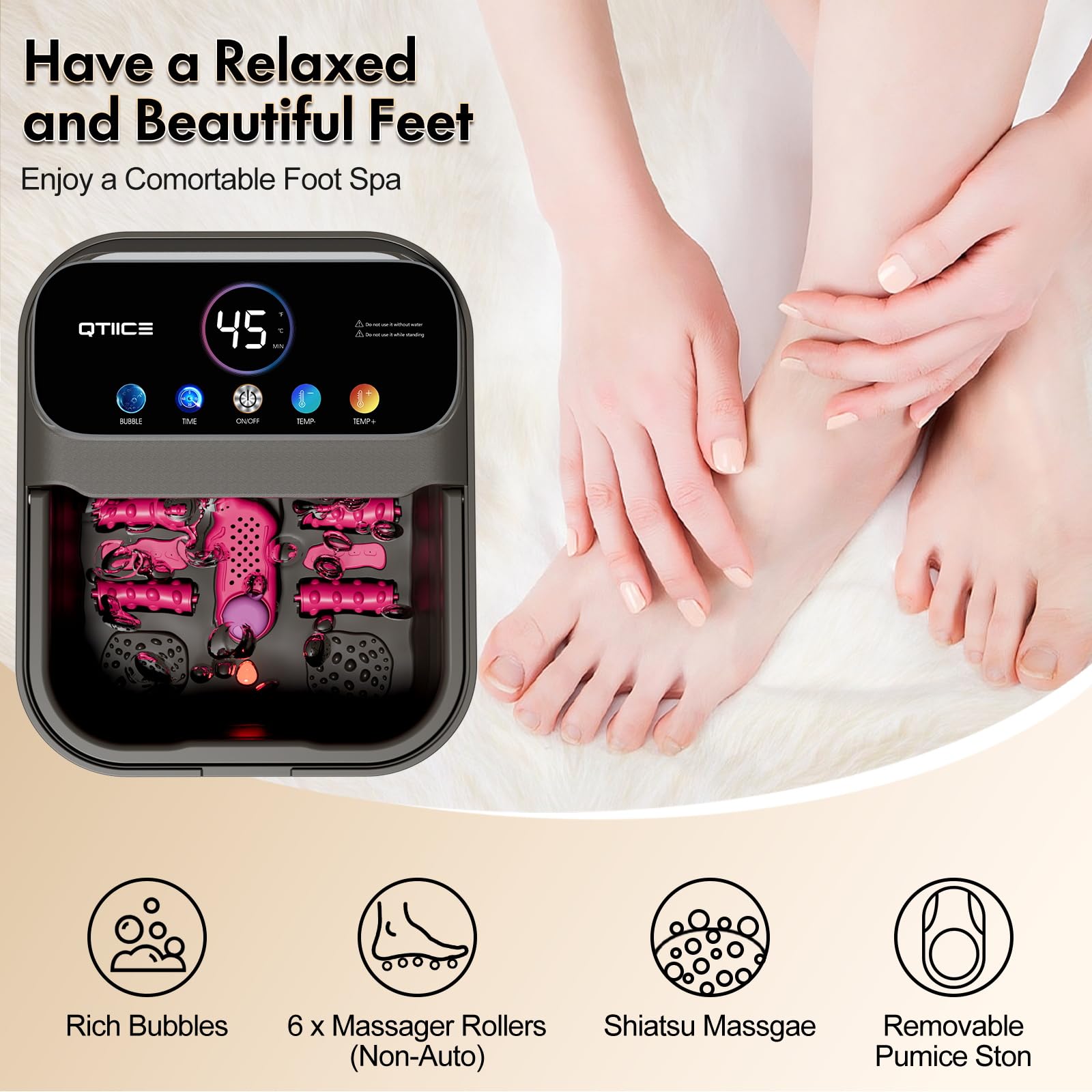 Bain de pieds pliable. Écran tactile, température et minuterie réglables, 6 rouleaux massants et fonction bouillonnante pour une détente complète