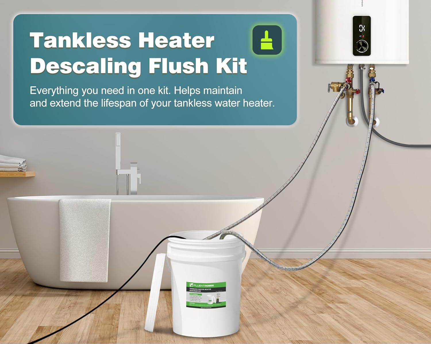 FLUENTPOWER Tankless Water Heater Descaling Flush Kit, Includes 1/2HP Submersible Utility Water Pump with Adapters, 5.3 Gallon Pail with Bucket Lid Opener, Two 3/4"GHT x 6' Stainless Steel Hoses
