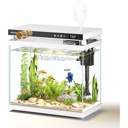 Fish Tank Aquarium, 2.2 Gallon Smart Fish Aquarium Kits with Auto Feeder, Silent Water Pump, Temperature Display, Smart Humidifier & 7-Color Lighting, for Office & Home - White