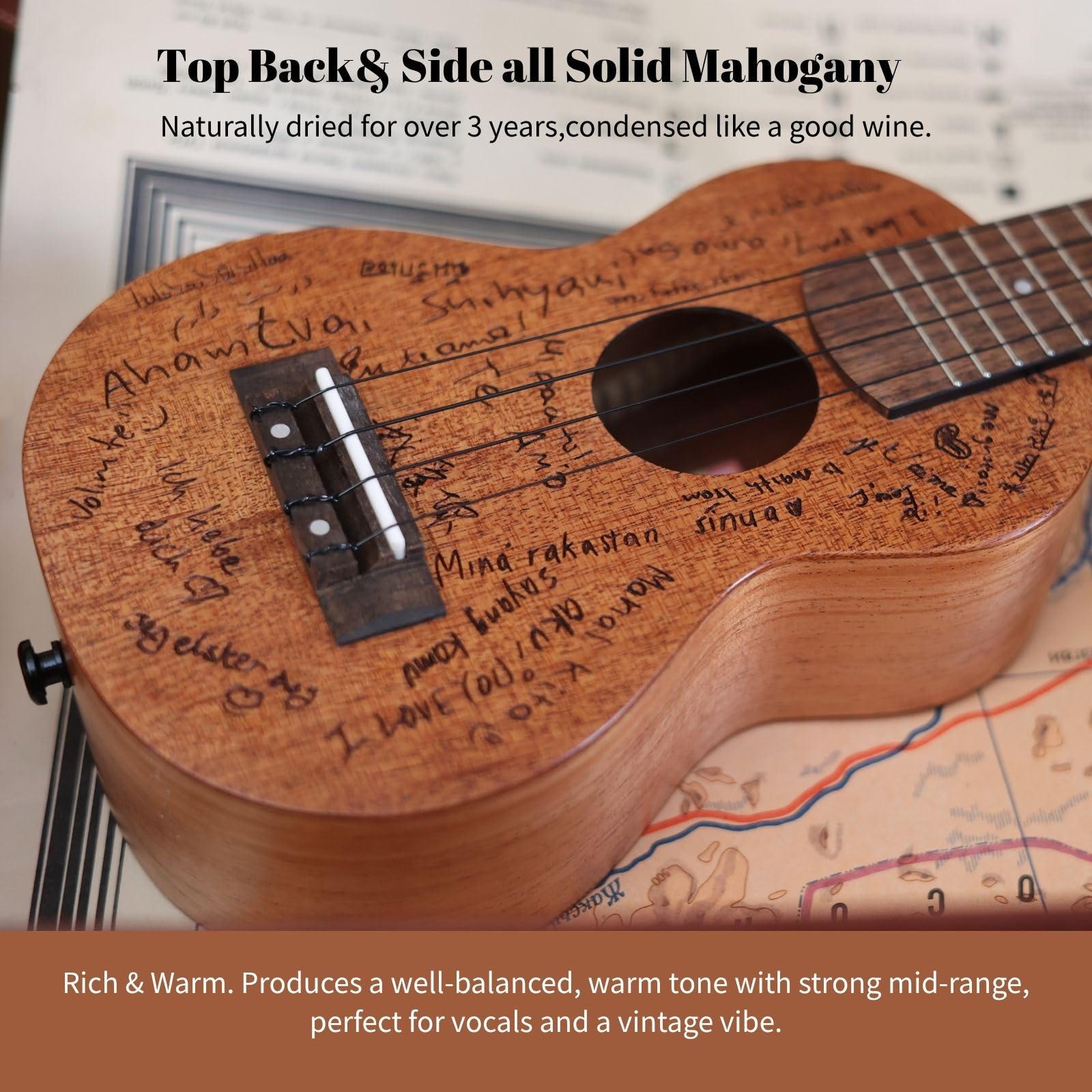 TODO Ukulele da concerto in mogano massiccio, 58 cm, The Love, ukulele per adulti e principianti, con corde in carbonio, borsa, tracolla