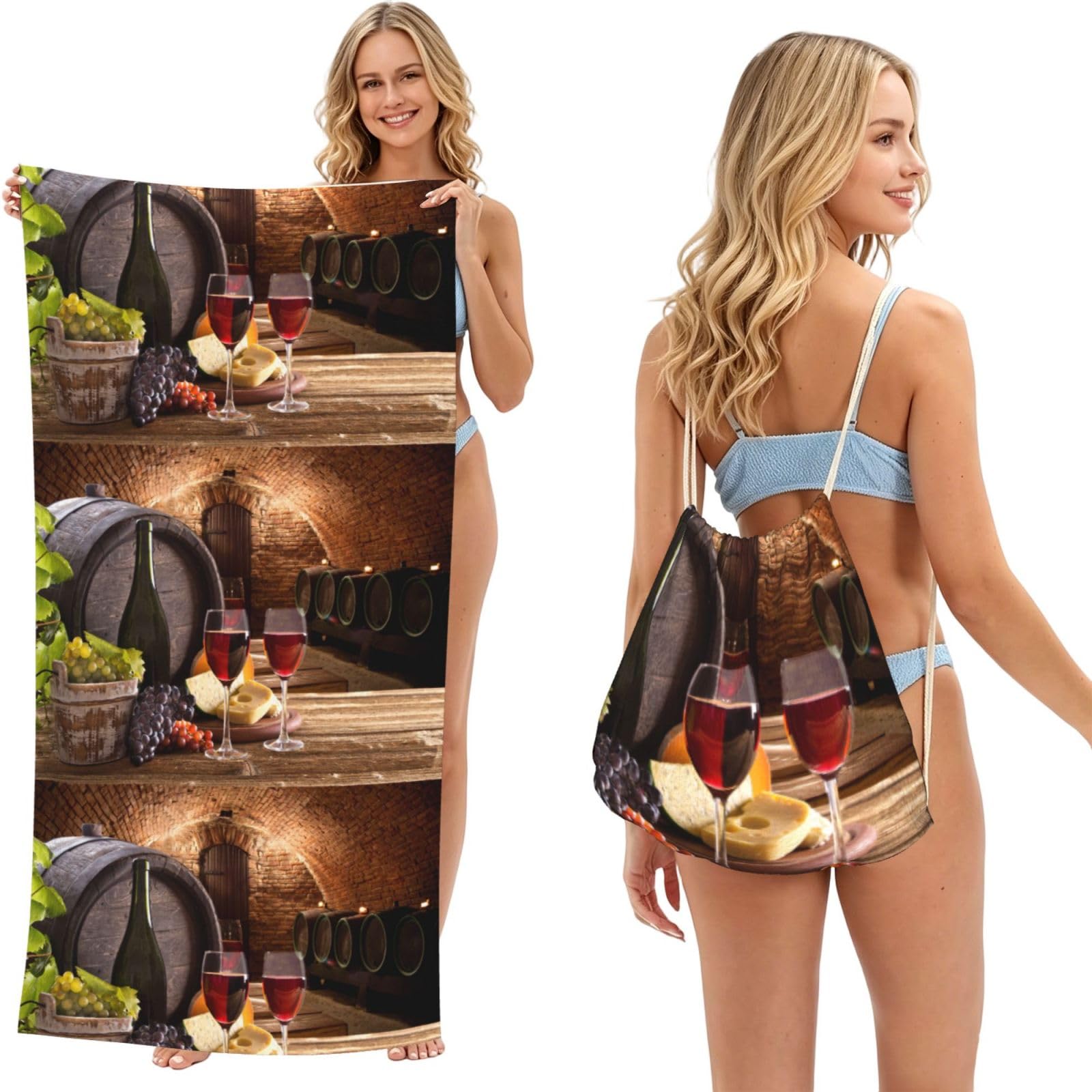 Poadnly As Picture Red Wine Cellar Printed, 2 In 1 Packable Towel Bag, Beach Towels With Drawstring Backpack For Travel Holiday Camping