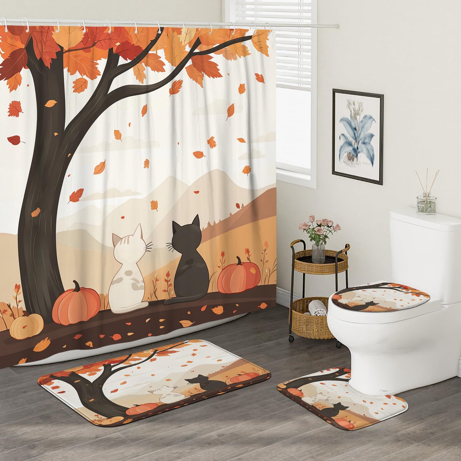 Juego de 4 piezas de baño con diseño de gato, accesorio de baño con alfombra antideslizante, en forma de U y cubierta de tapa de inodoro, decoración de baño de hoja de arce de árbol otoñal, 72 x 72