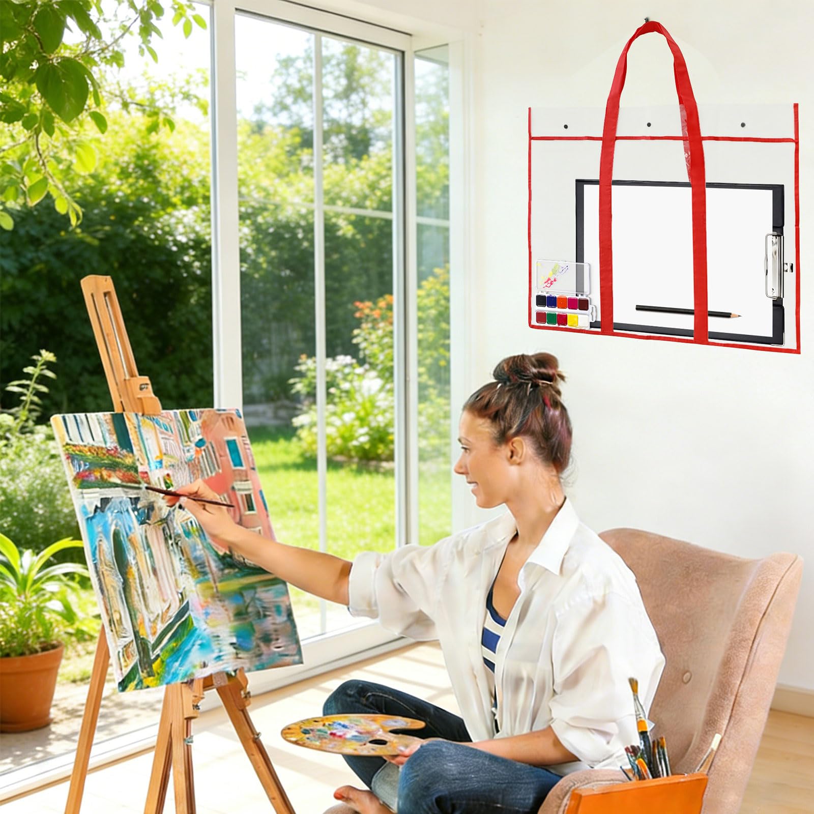Grande borsa portaoggetti per poster, in PVC, trasparente, per organizzare il disegno e il portfolio artistico, Rosso, Rosso