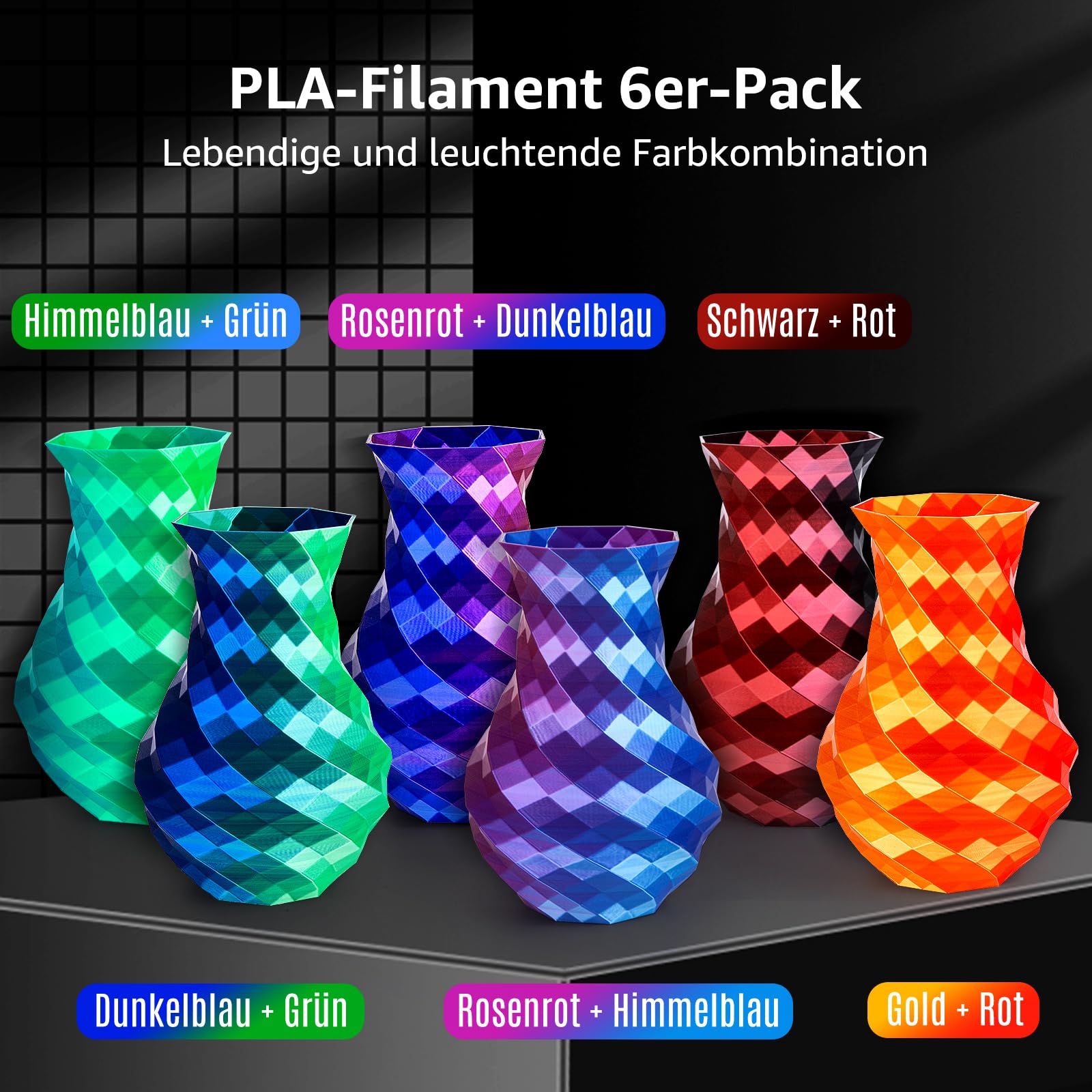Silk PLA+ Filamento de impresión 3D bicolor paquete de 6 unidades - 1,75 mm, 250 g x 6 bobinas, color dorado y rojo, rojo rosado y azul cielo, rosa rojo y azul oscuro, azul oscuro y verde, azul