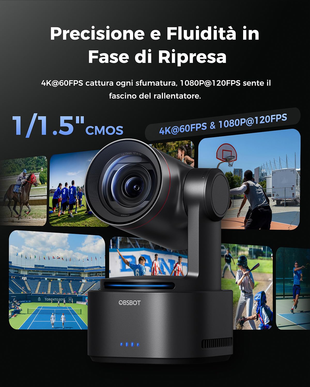 OBSBOT Tail 2 PTZR NDI Camera 4K@60FPS, Pro AI Tracking, 1/1.5" CMOS, 50MP, 5X Optical Zoom, 12X Hybrid Zoom, Uscita SDI/HDMI/IP/USB 3.0, Streaming per Meeting, Eventi e Worship.