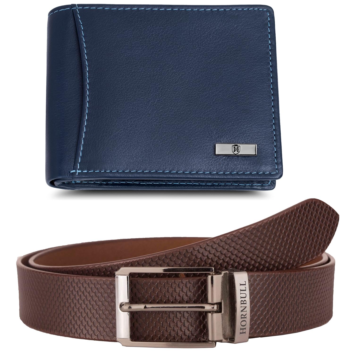 HORNBULL Men's Blue Wallet and Brown Belt Combo | RFID Genuine Leather Wallet Combo Gift BW6982