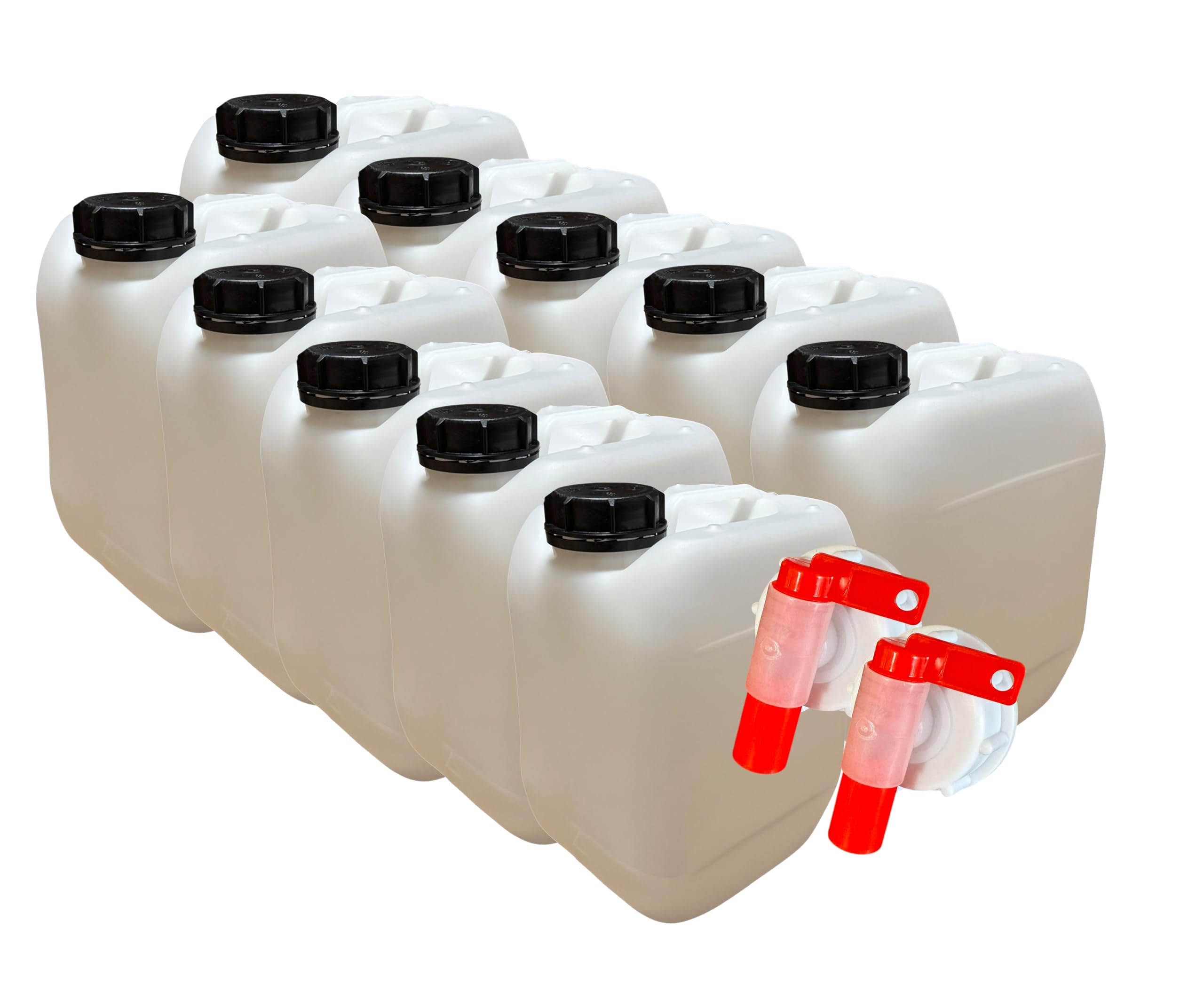 LOT DE 10 X JERRICAN BIDON PLASTIQUE 10 L LITRES AVEC BOUCHON ÉTANCHE ET 2 ROBINETS VERSEURS– IDÉAL POUR LIQUIDES ALIMENTAIRES ET TECHNIQUES – DURABLE ET RÉUTILISABLE
