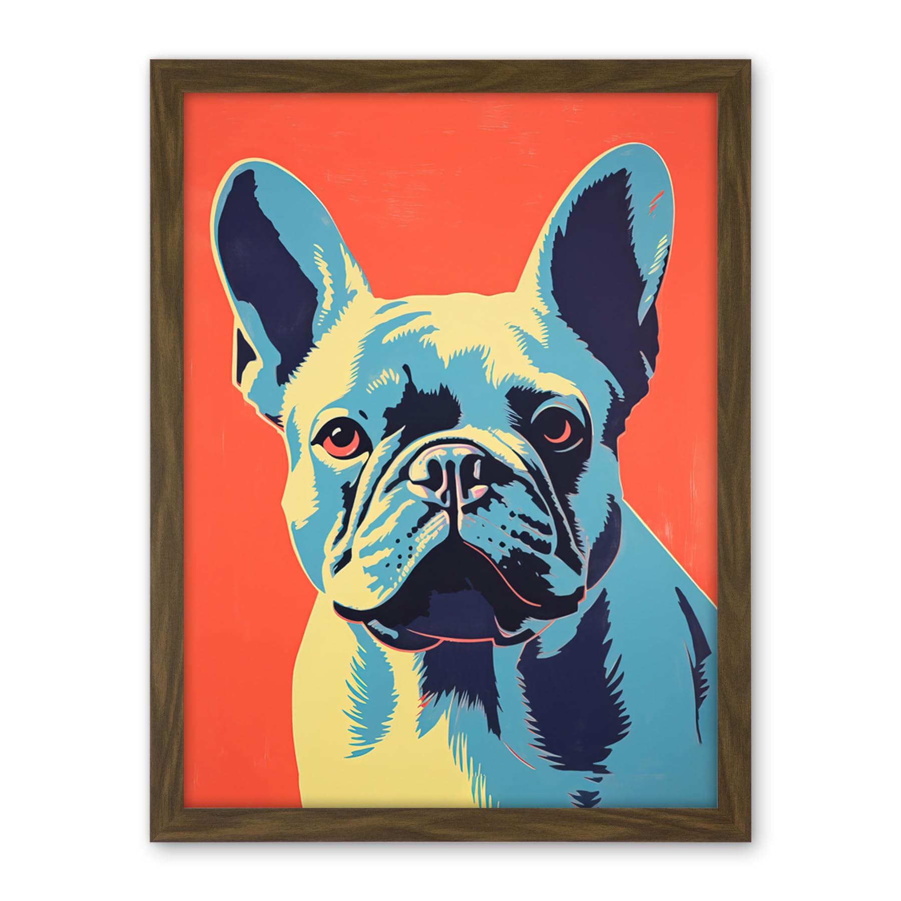 Artery8 French Bulldog Colour Block Artwork Coral Orange Blue Vibrant Pet Portrait Cute Artwork Framed Wall Art Print 18X24 Inch