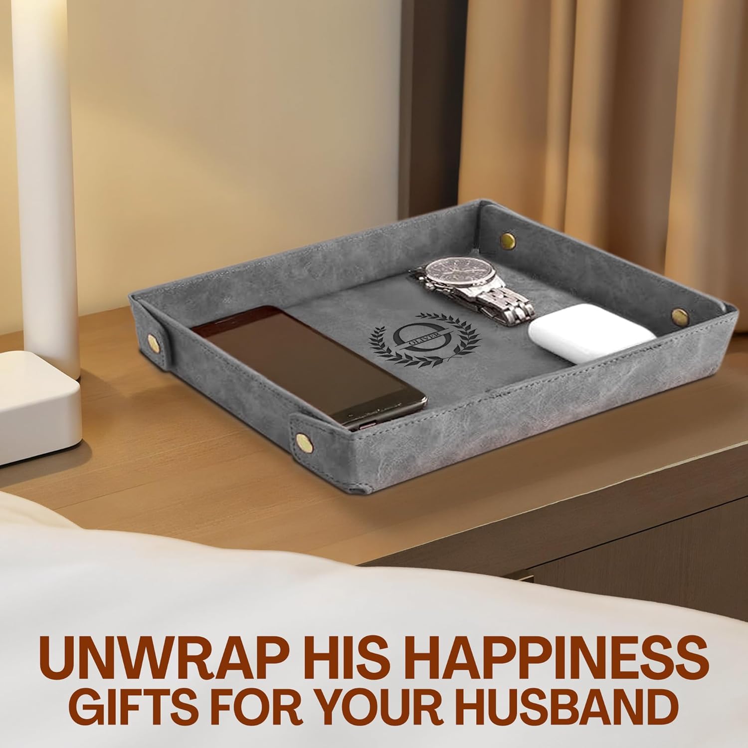 Engraved Leather Valet Tray for Men – Personalized Catchall with Custom Name for Desk, Dresser, Nightstand – Men's Organizer Tray for Keys, Wallet, Jewelry, Personalized Gift for Home, Office - Grey