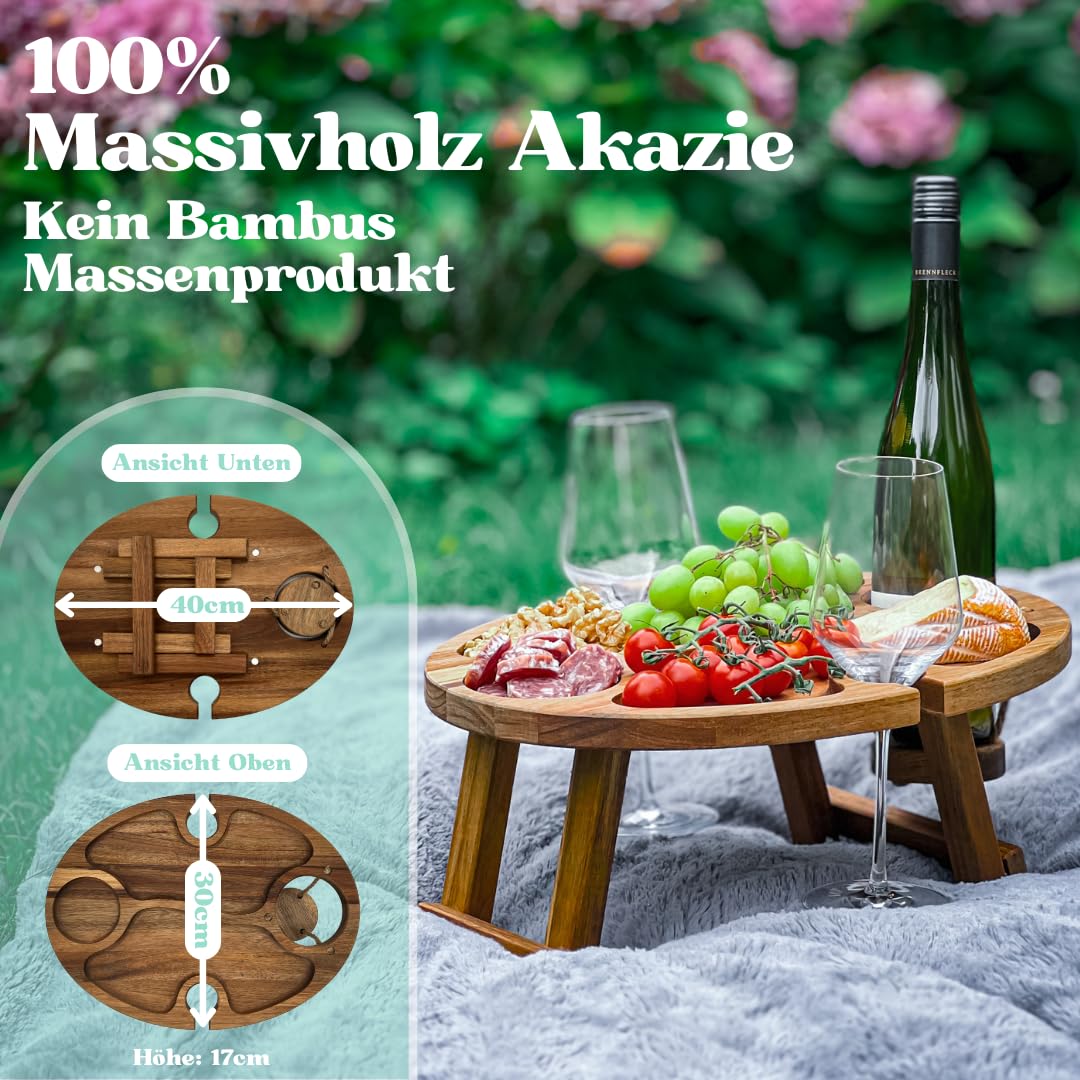 Decozy Life Weintisch Akazie Massivholz - Weinbar & Weintablett für Zuhause oder Outdoor - geeignet als Picknicktisch klappbar - Nutzbar als Weinhalter & Ideal als Strandtisch & Picknick Zubehör