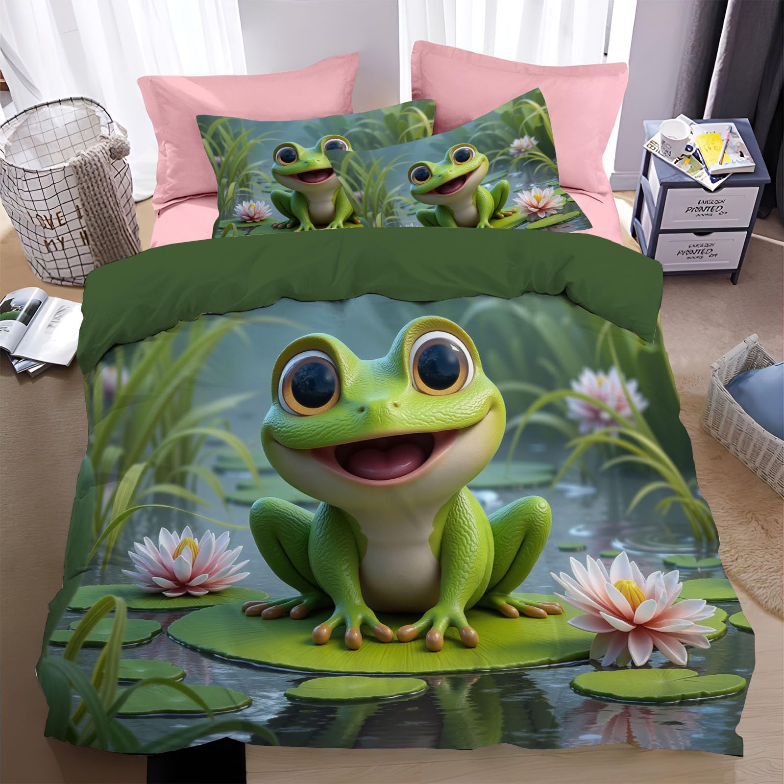 Housse de couette 140x200cm grenouille lavable et réversible pour parure de lit enfant