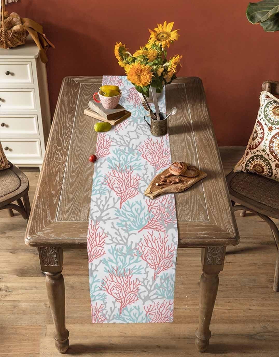 Chemin de Table en Coton et Lin Bleu Corail 13"x60" - Parfait for Une décoration sur Le thème de la Plage en été(Red Blue Coral,13x90 inch)