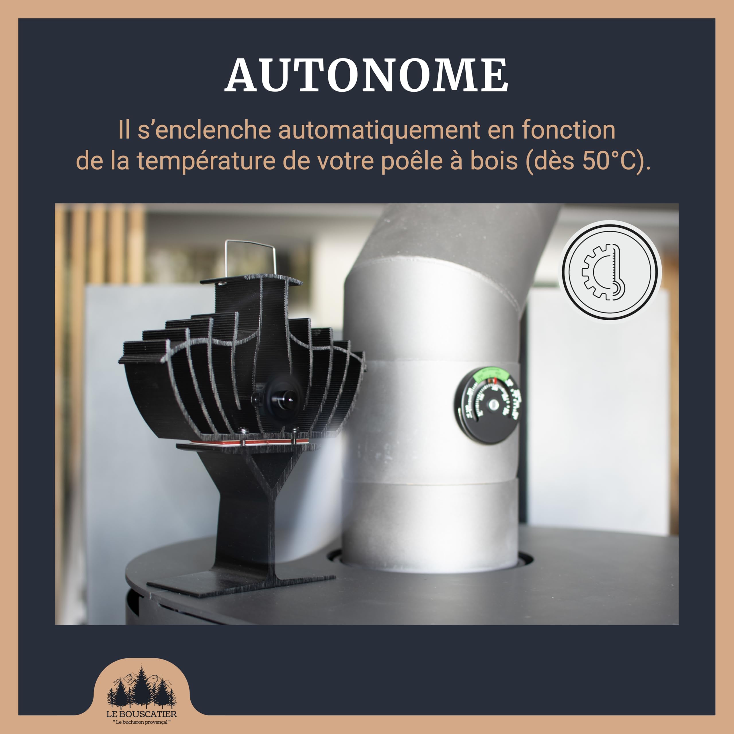 Le Bouscatier Ventilateur de poêle à bois 2 lames 21cm, double puce alimentées par la chaleur sans électricité pour poêle à bois fonte et acier, gant anti-chaleur et thermomètre offert