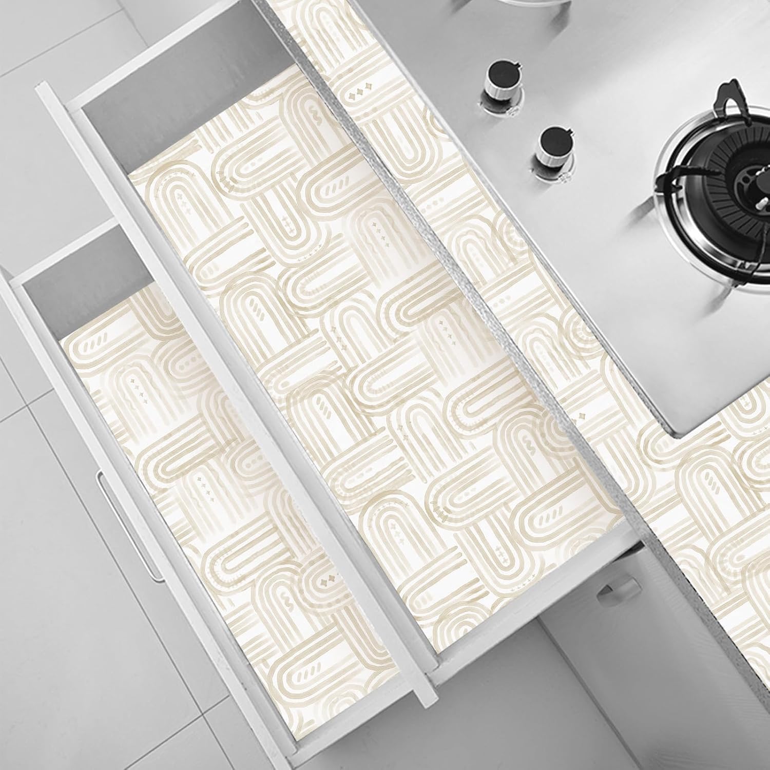 Modern Peel and Stick Wallpaper Boho Beige and White Contact Paper 17.3"x480" Geometric Abstract Wall Paper Removable Self Adhesive Wallpaper for Bedroom Bathroom Cabinet Decor Vinyl
