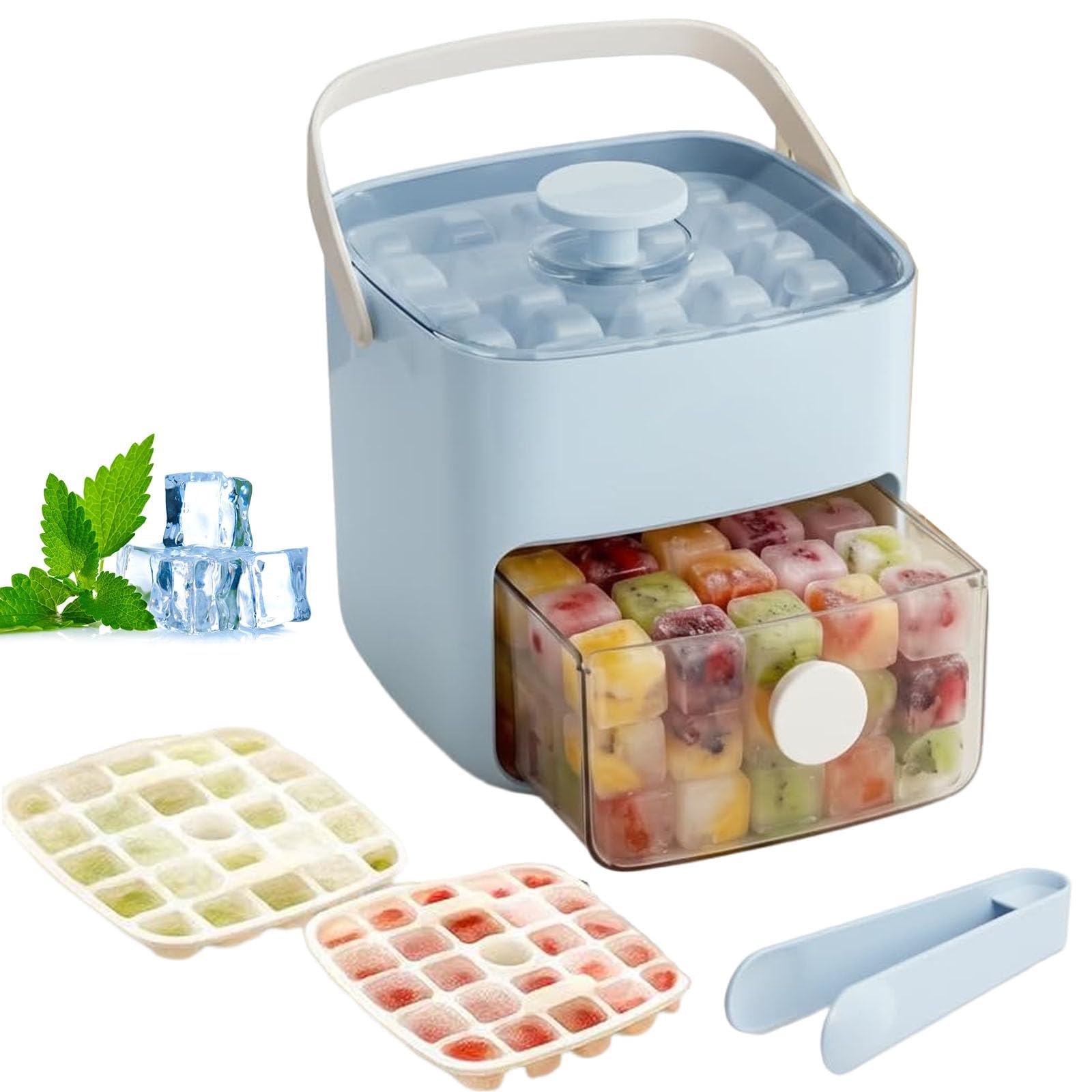 48 Cube Ice Maker with Easy Press Lid, Double Layer Portable Ice Cube Container with Lid and Storage Box for Freezer, Handled Press-Type Ice Cube Tray with Lid and Bin for Whiskey, Cocktail (Blue)