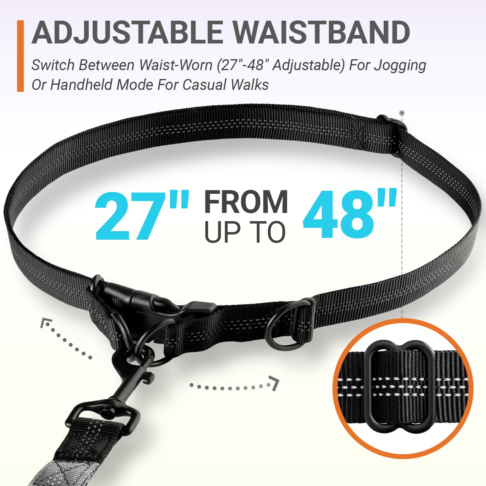 4-6 FT Hands-Free Dog Leash for Running & Walking - Adjustable Waist Belt (28-47"), Shock-Absorbing Bungee, 2 Reinforced Handles, Reflective & Anti-Pull for Small/Medium Dogs, Grey - image 2