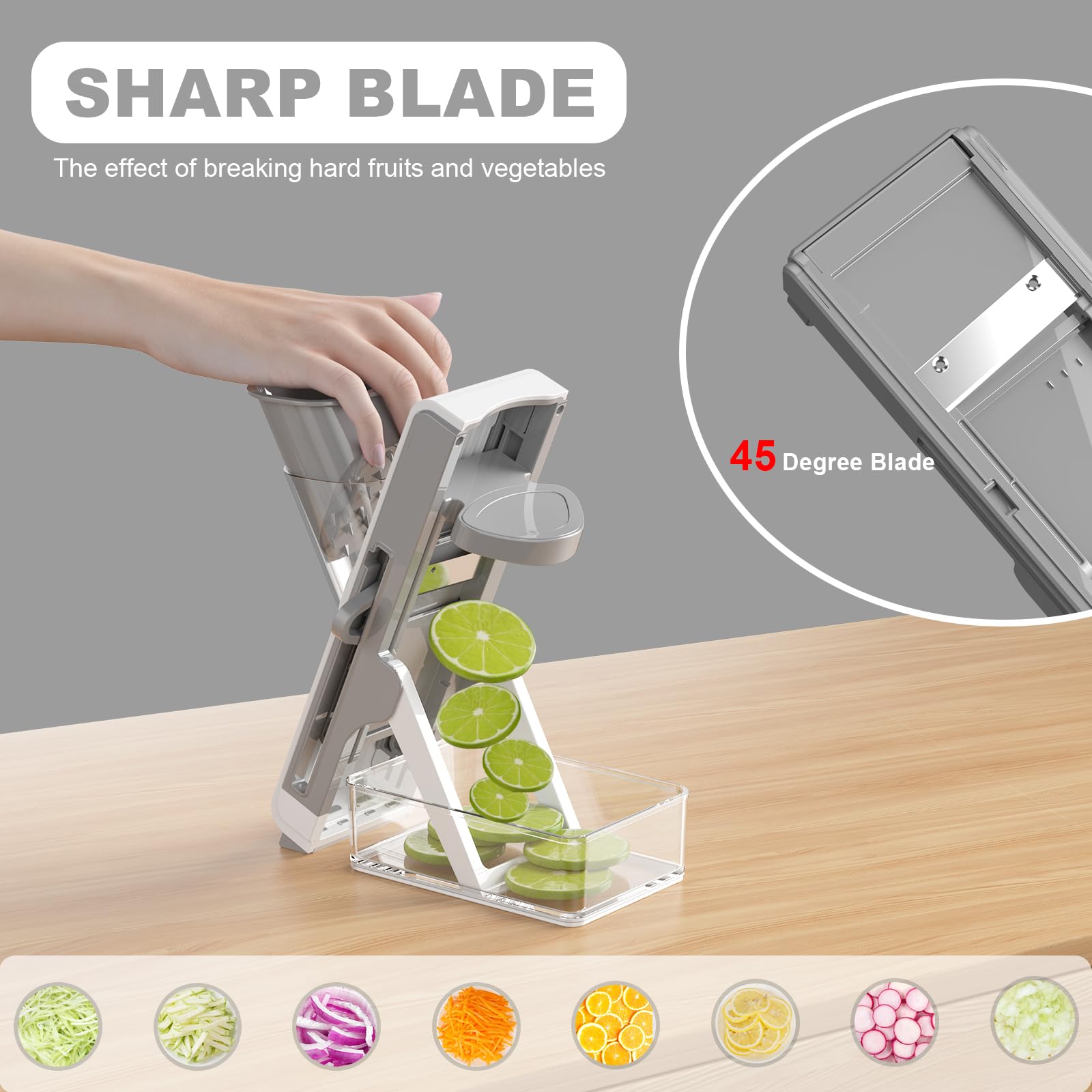 FEICO Upgrade Safe Mandoline Slicer Kartoffelschneider - Verstellbarer Gemüsehobel Lebensmittelzerkleinerer Pommes Frites Schneider Küche Hacken Artefakt Geschenk (weiß-dunkelgrau)