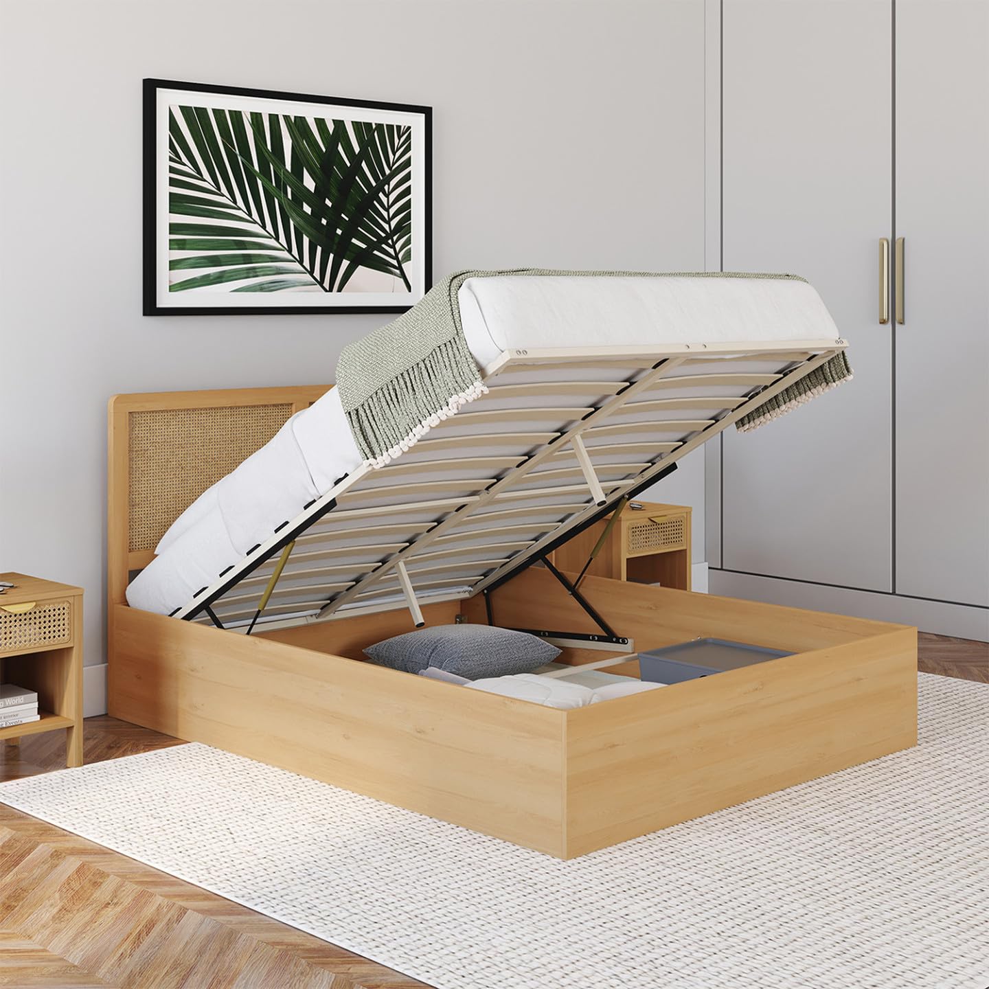 IDMarket - Cama de matrimonio EDHEN con cabecero de caña 140 x 190 cm color madera