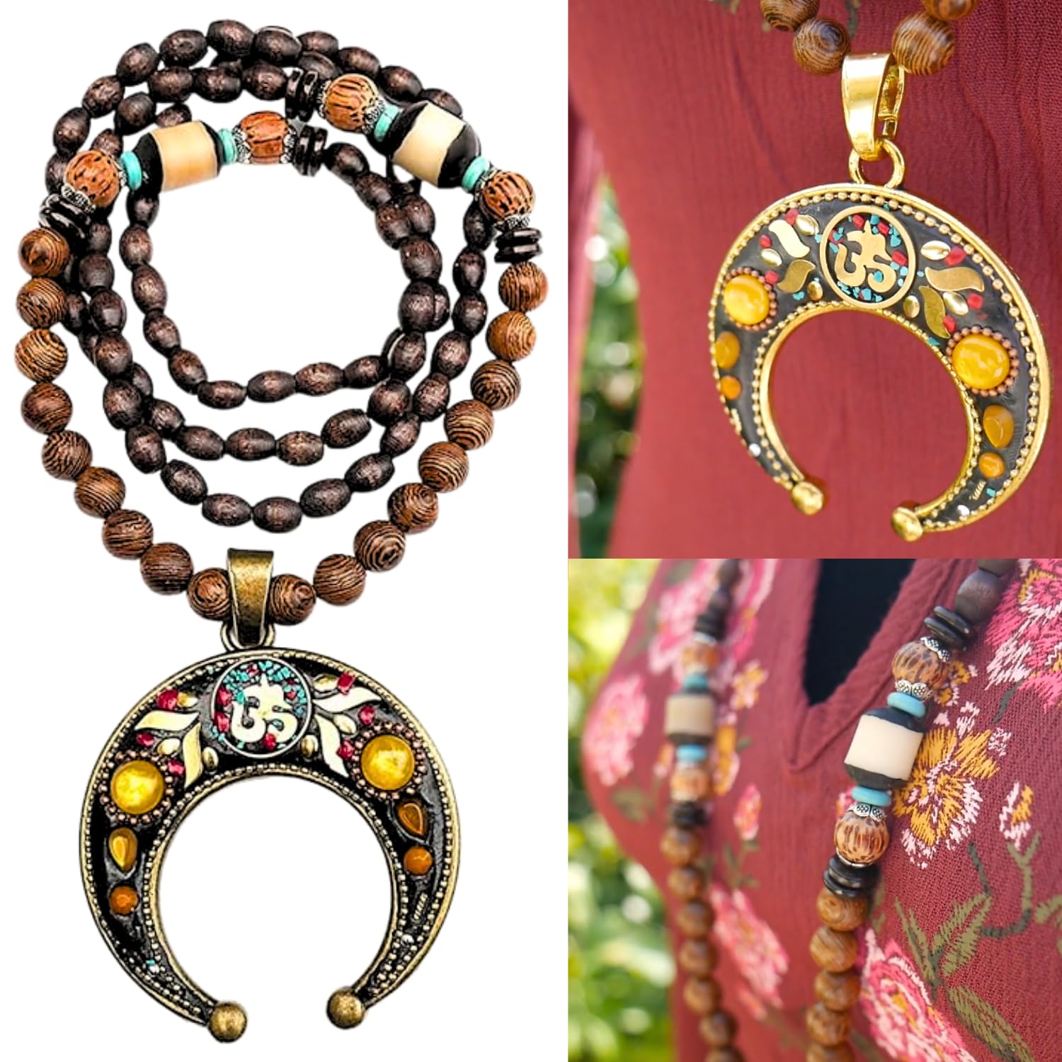 Collar con cuentas bohemias para mujer con colgante largo de madera para mujer, collar de madera de DREMINOVA, Madera, Cuentas,