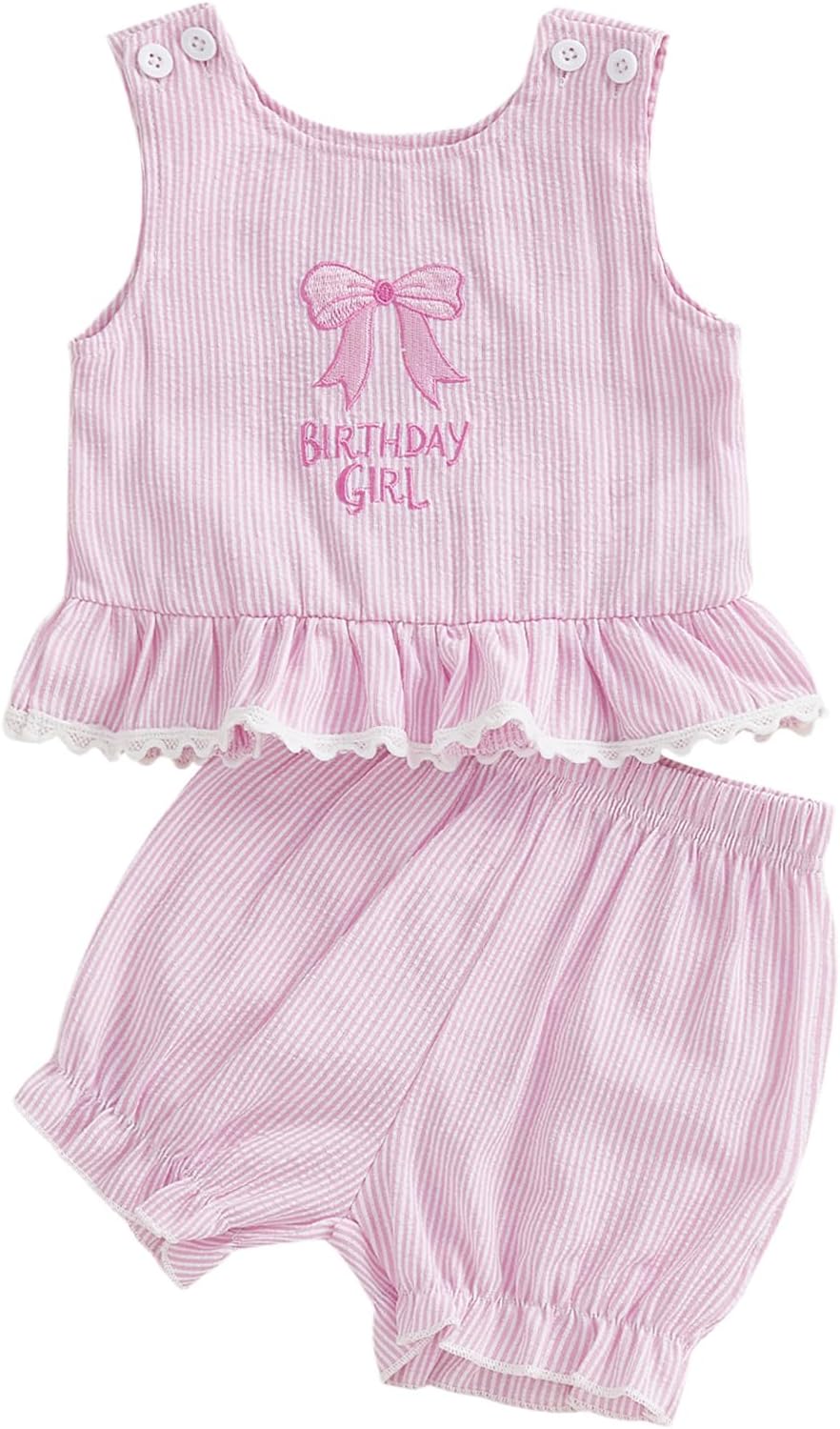 Kayotuas Baby Girl Birthday Outfit Bow Cupcake Embroidery Ruffle Tank Top Bubble Shorts Infant Gingham Outfits Summer Clothes
